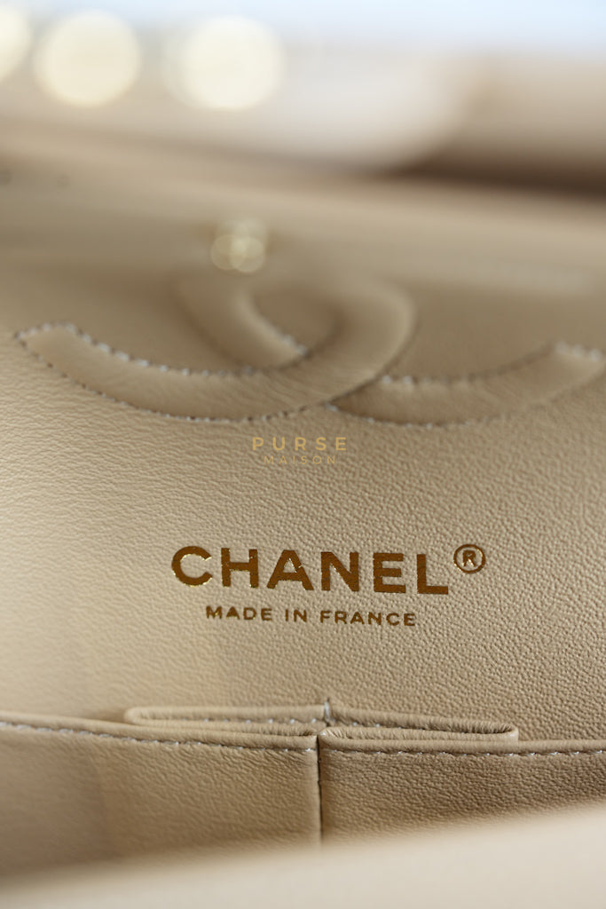 Classic Double Flap Medium Beige Clair in Caviar Leather and Gold Hardware (Microchip) | Purse Maison Luxury Bags Shop