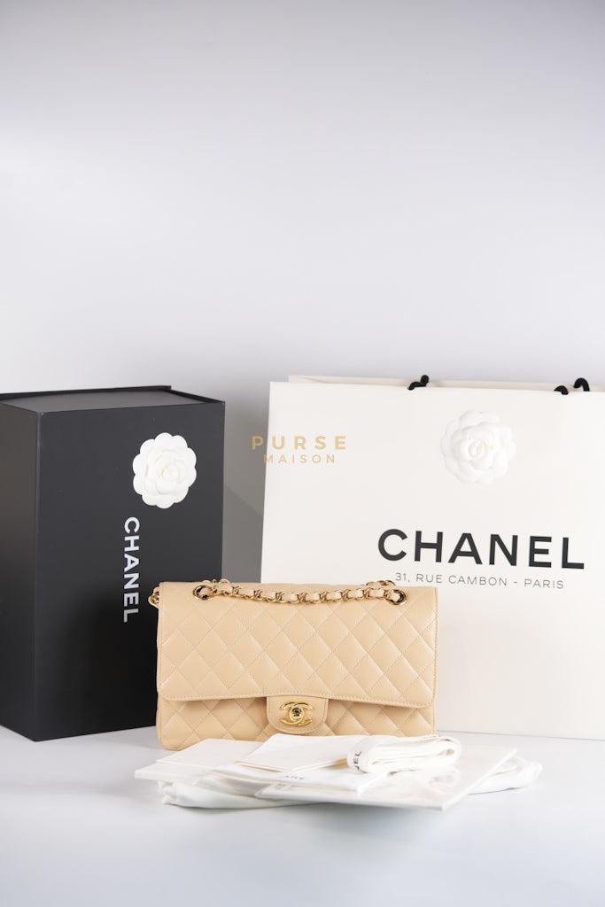 Classic Double Flap Medium Beige Clair in Caviar Leather and Gold Hardware (Microchip) | Purse Maison Luxury Bags Shop