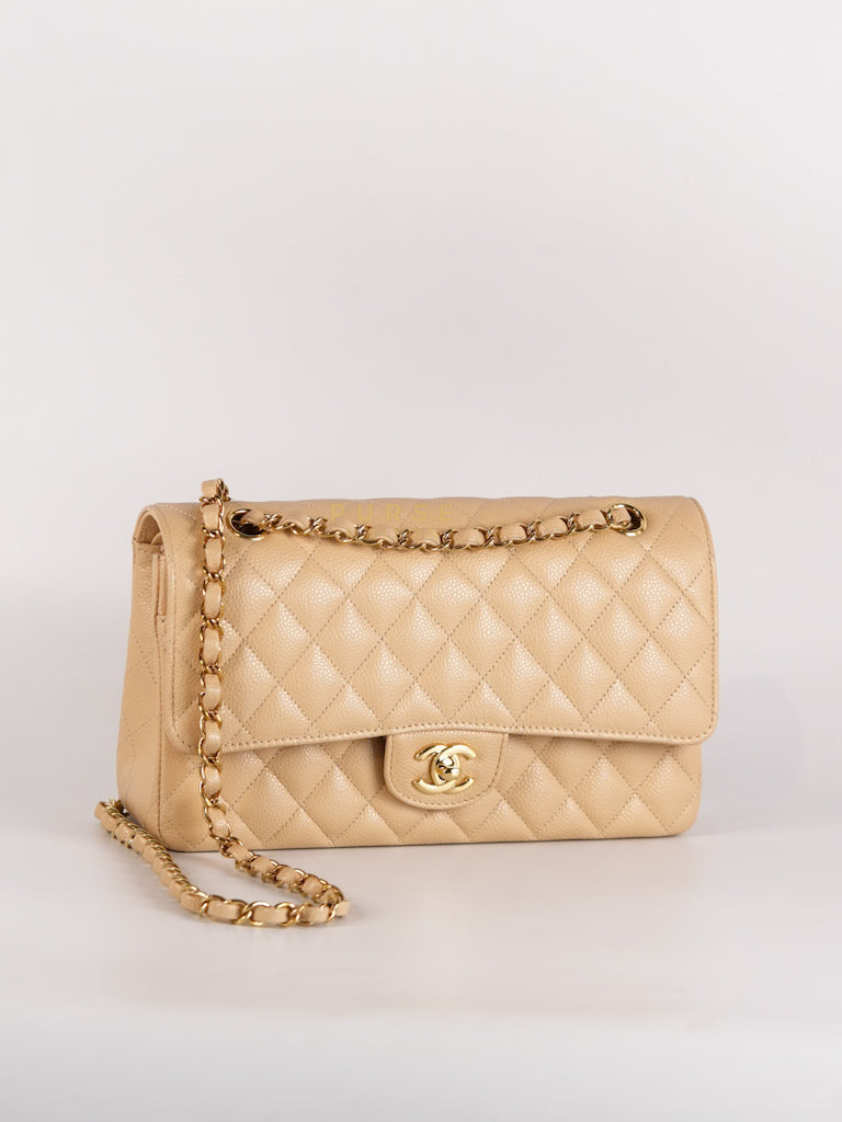 Classic Double Flap Medium Beige Clair in Caviar Leather and Gold Hardware (Microchip) | Purse Maison Luxury Bags Shop