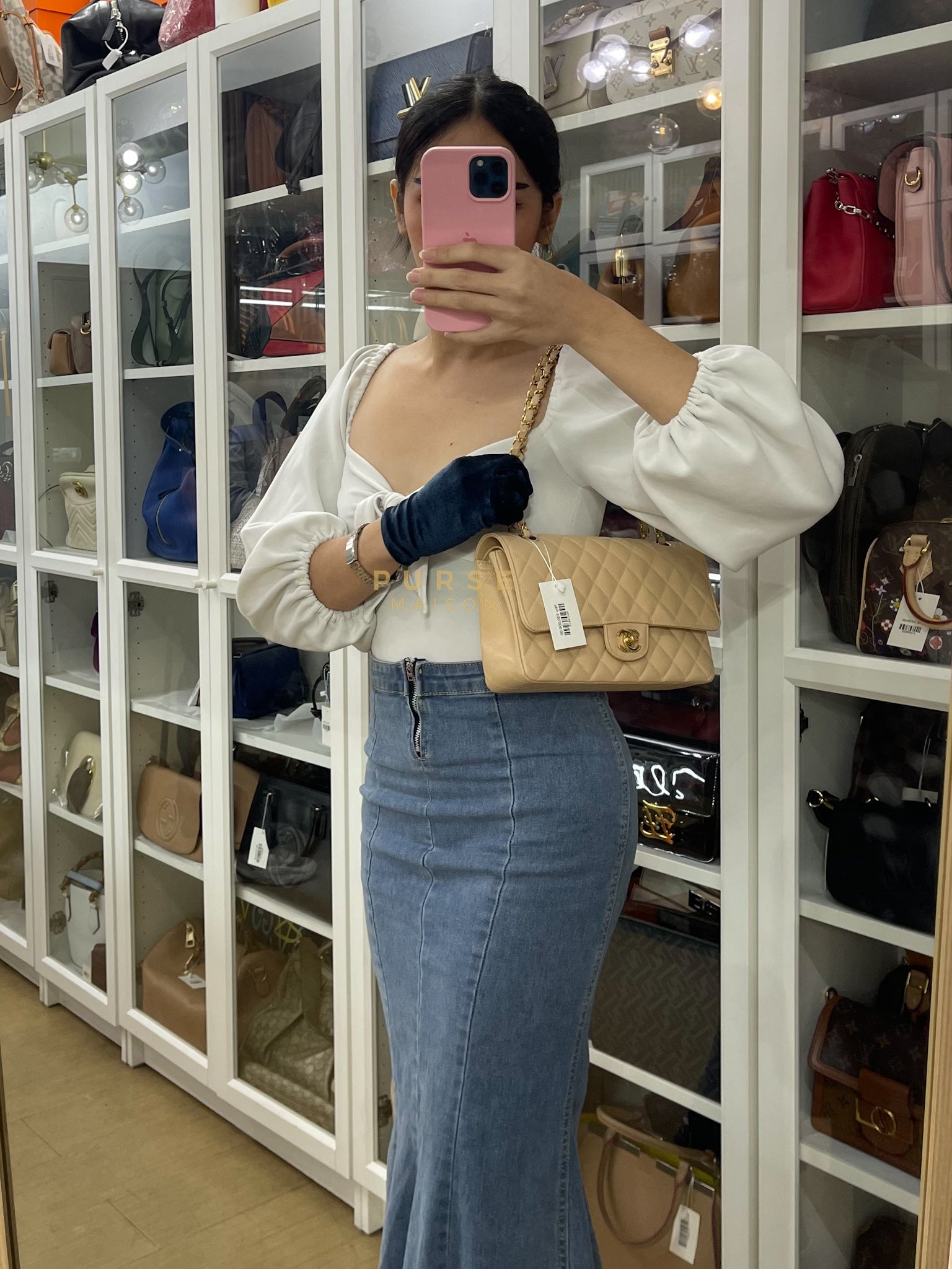 Classic Double Flap Medium Beige Clair in Caviar Leather and Gold Hardware (Microchip) | Purse Maison Luxury Bags Shop