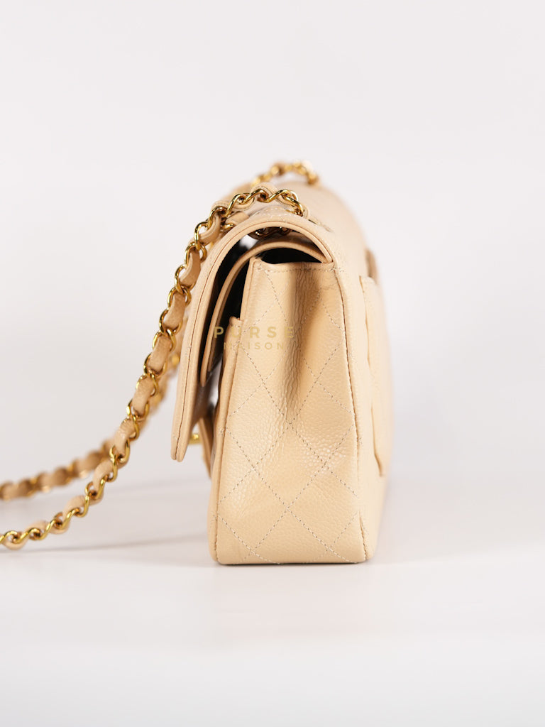 Classic Double Flap Medium Beige Clair in Caviar Leather and Gold Hardware (Microchip) | Purse Maison Luxury Bags Shop