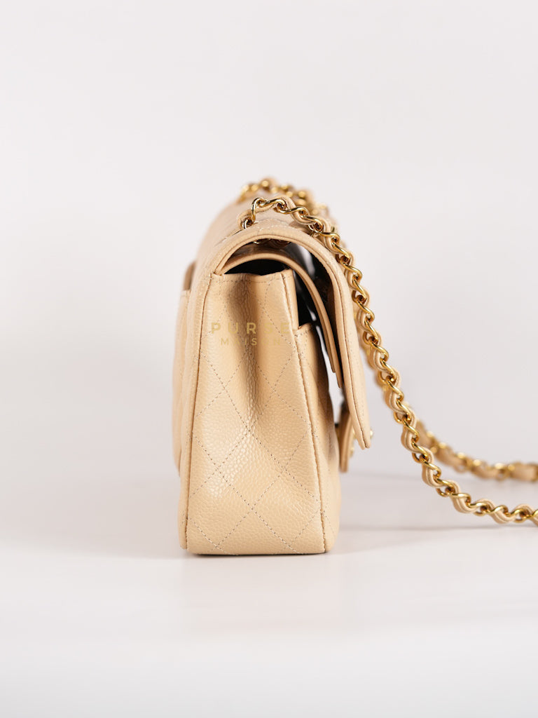 Classic Double Flap Medium Beige Clair in Caviar Leather and Gold Hardware (Microchip) | Purse Maison Luxury Bags Shop