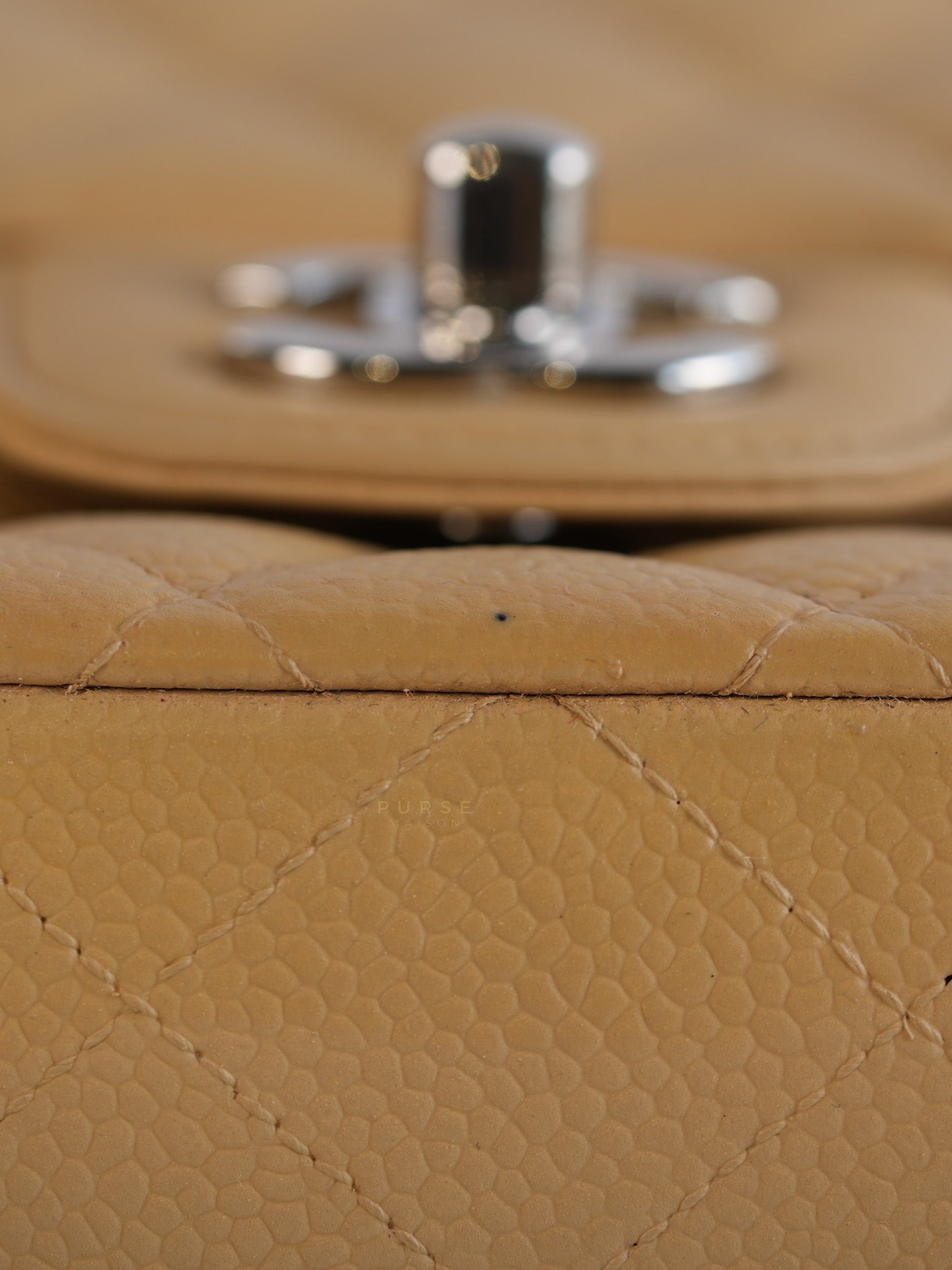 Classic Double Flap Medium Beige Clair Quilted Caviar Leather and Silver Hardware Series 19 (Repainted) | Purse Maison Luxury Bags Shop