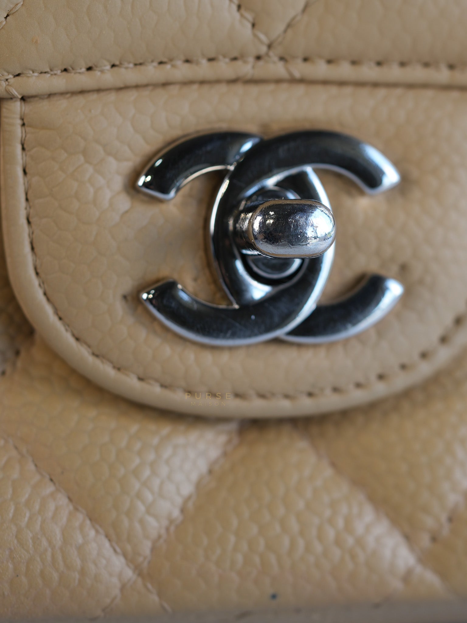 Classic Double Flap Medium Beige Clair Quilted Caviar Leather and Silver Hardware Series 19 (Repainted) | Purse Maison Luxury Bags Shop