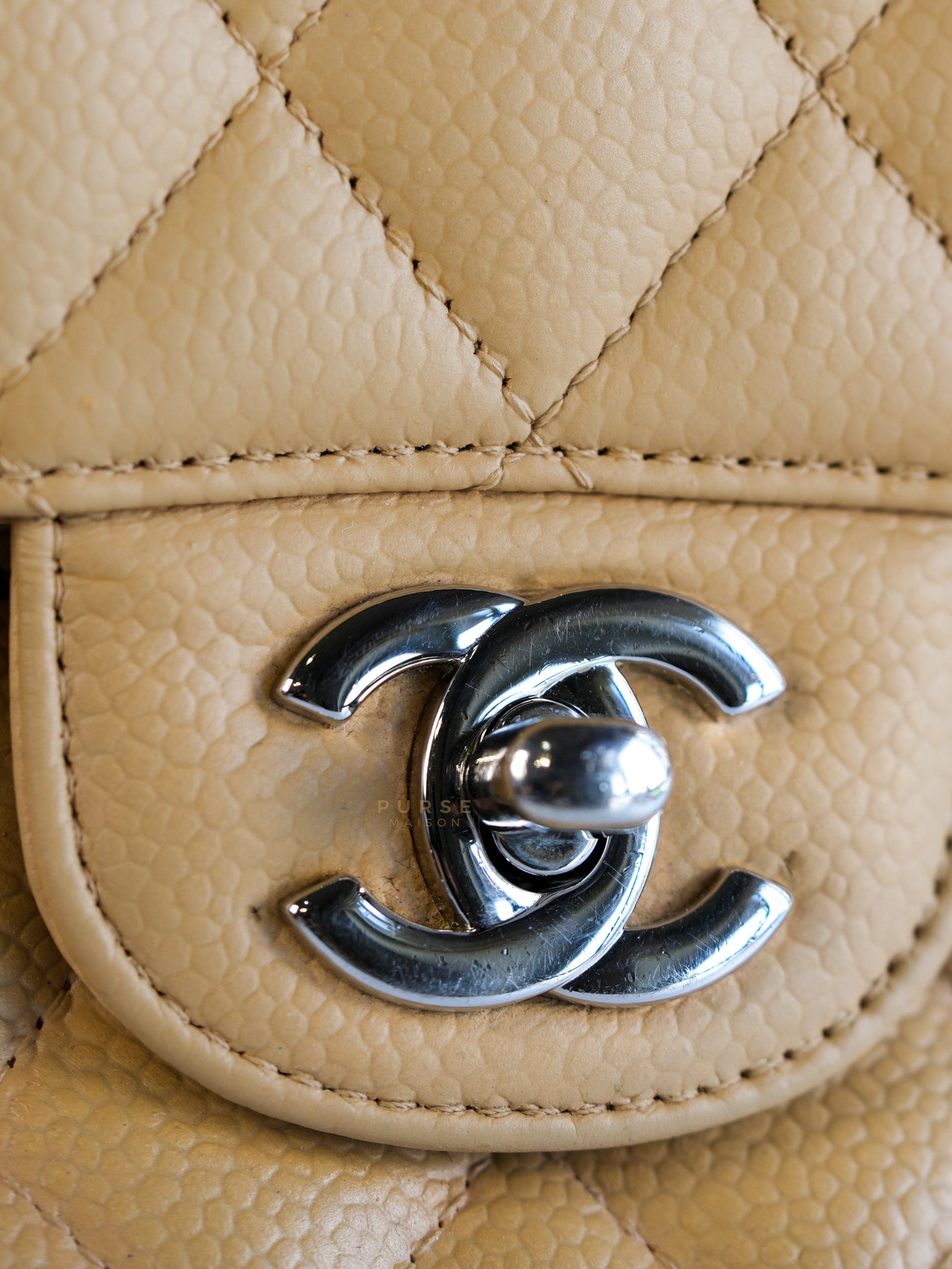 Classic Double Flap Medium Beige Clair Quilted Caviar Leather and Silver Hardware Series 19 (Repainted) | Purse Maison Luxury Bags Shop