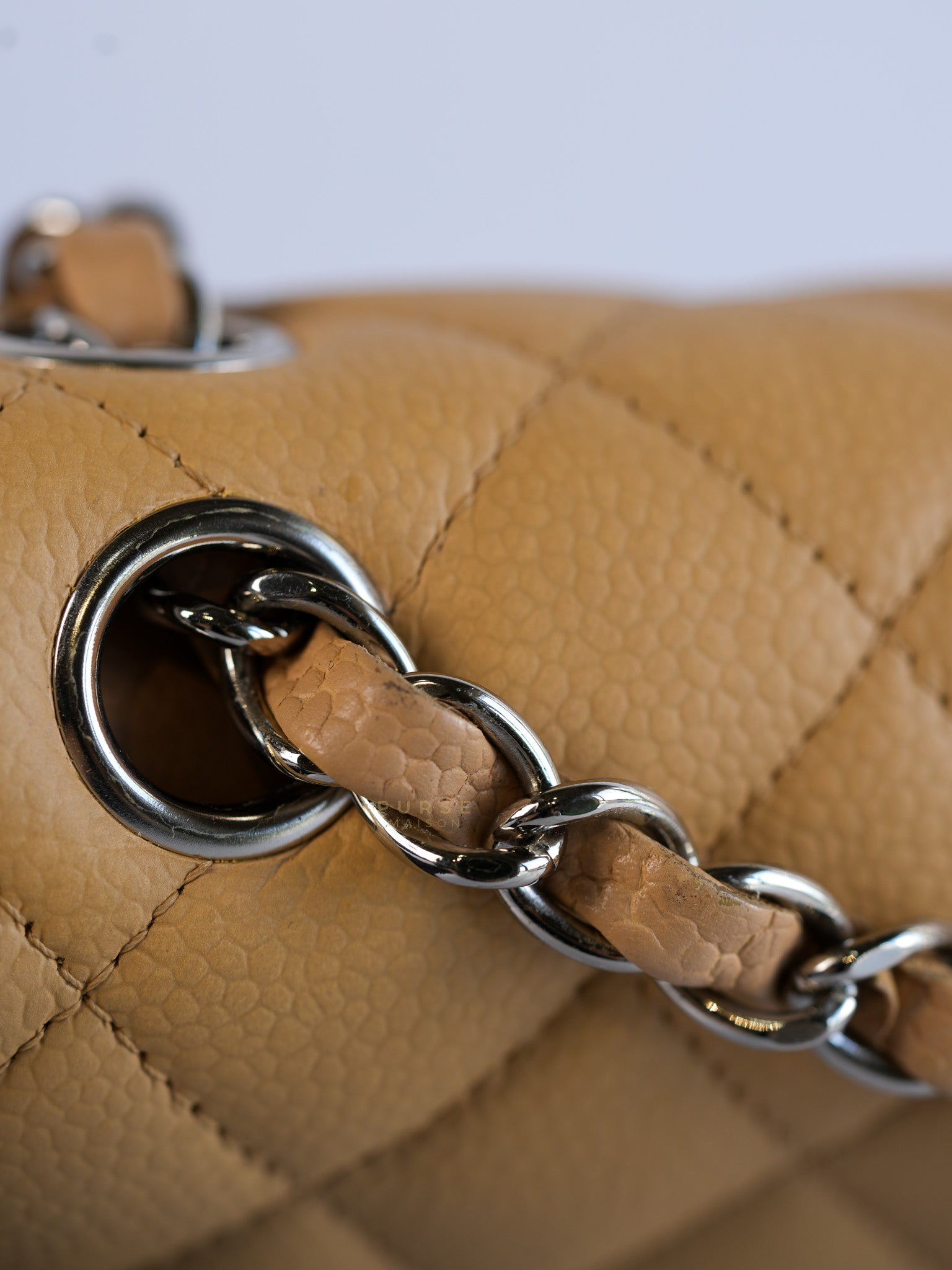 Classic Double Flap Medium Beige Clair Quilted Caviar Leather and Silver Hardware Series 19 (Repainted) | Purse Maison Luxury Bags Shop