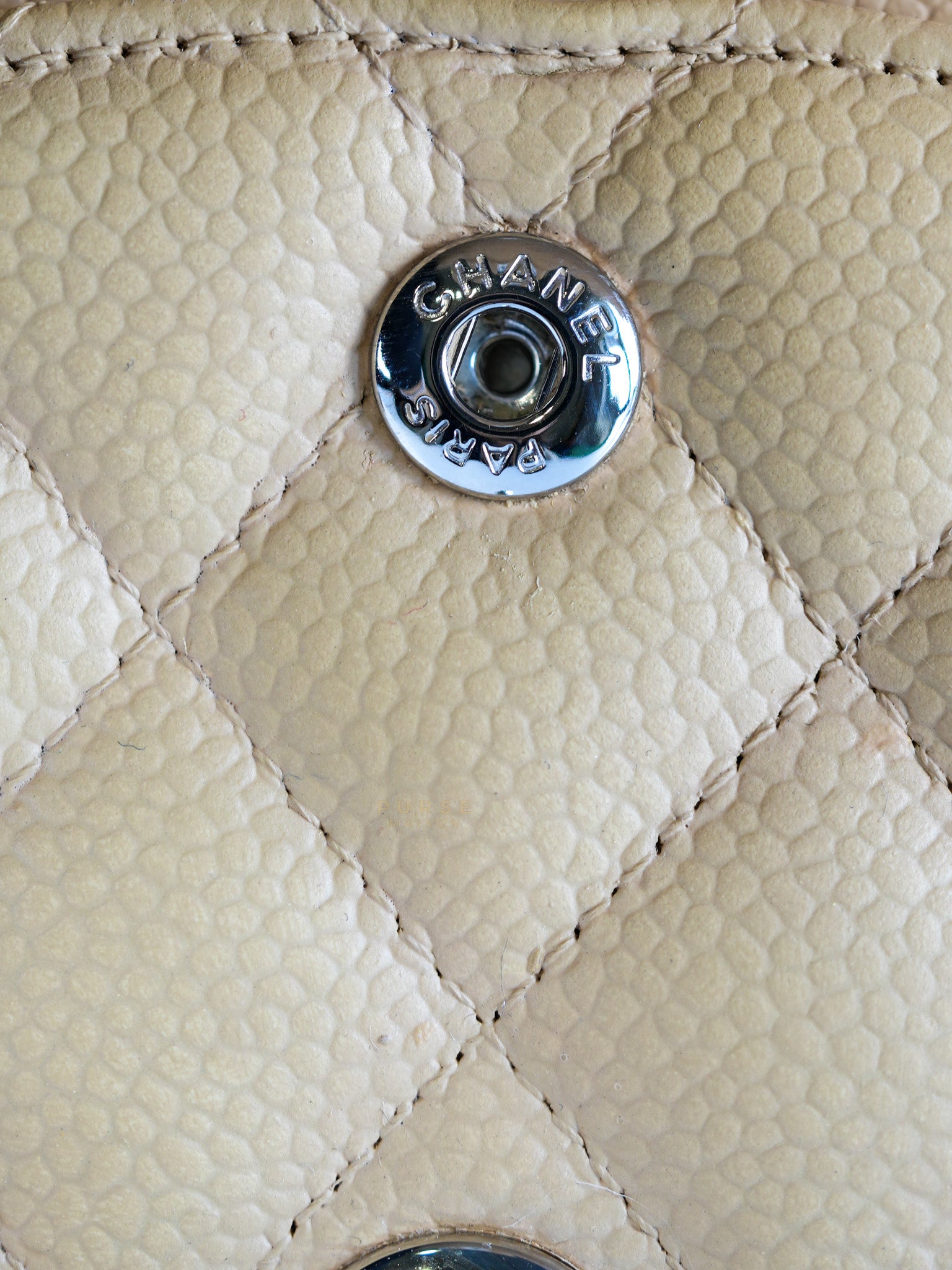 Classic Double Flap Medium Beige Clair Quilted Caviar Leather and Silver Hardware Series 19 (Repainted) | Purse Maison Luxury Bags Shop