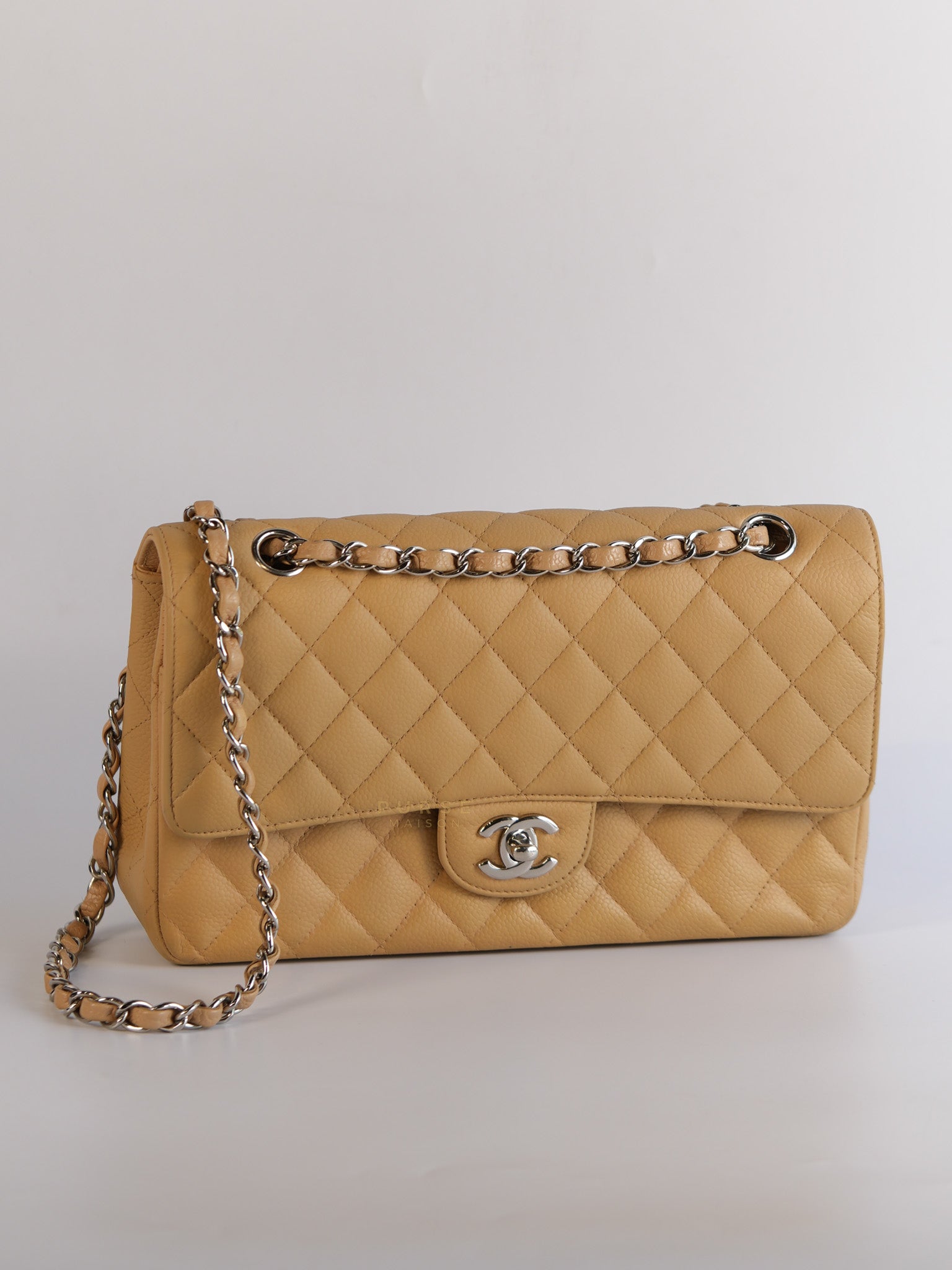 Classic Double Flap Medium Beige Clair Quilted Caviar Leather and Silver Hardware Series 19 (Repainted) | Purse Maison Luxury Bags Shop