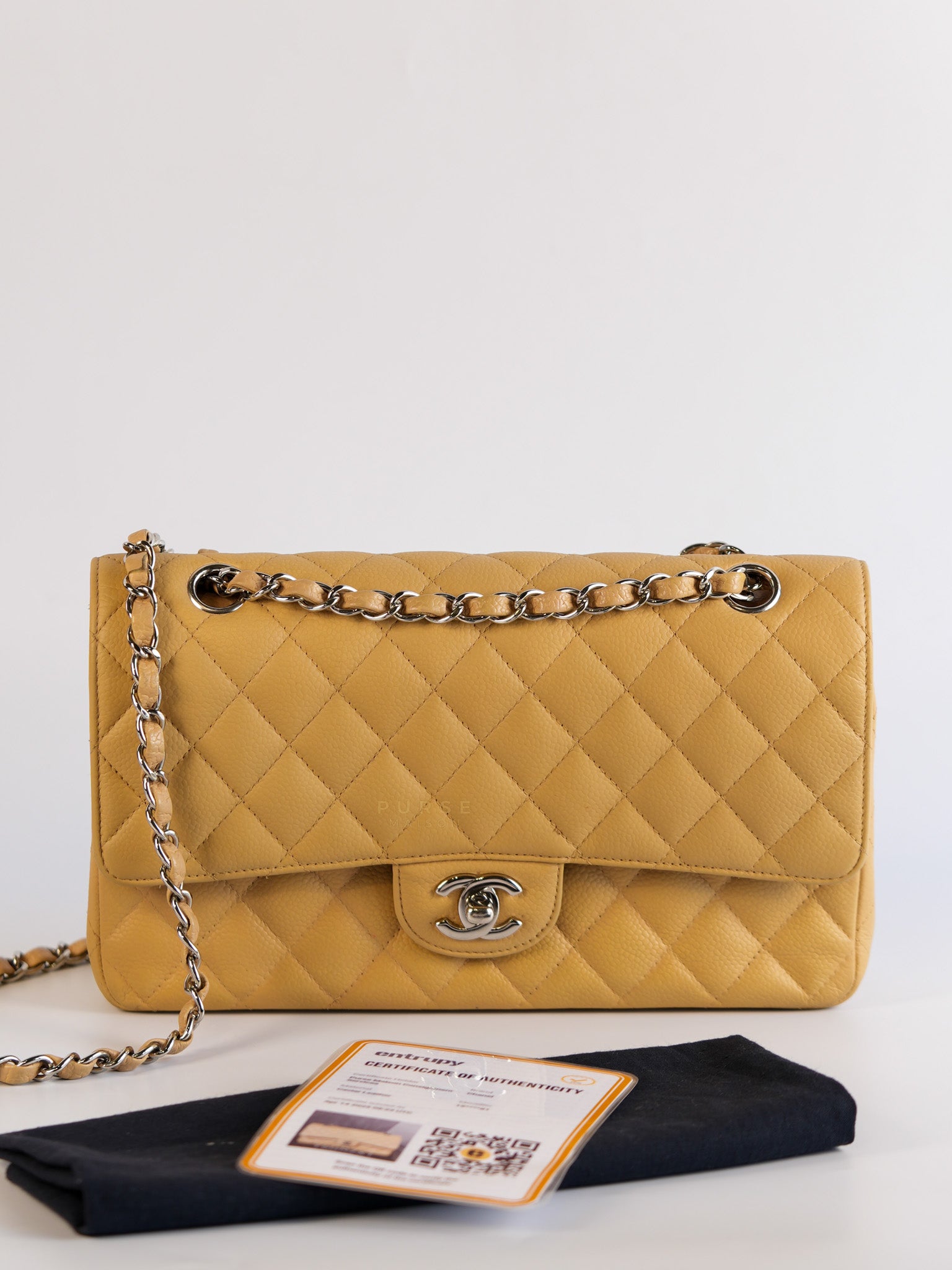 Classic Double Flap Medium Beige Clair Quilted Caviar Leather and Silver Hardware Series 19 (Repainted) | Purse Maison Luxury Bags Shop