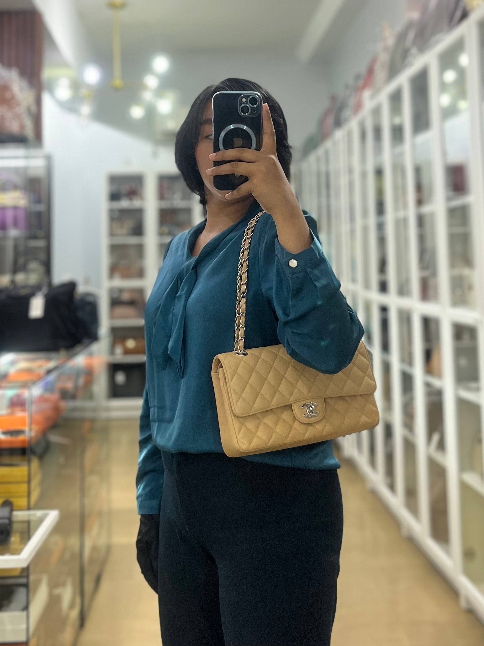 Classic Double Flap Medium Beige Clair Quilted Caviar Leather and Silver Hardware Series 19 (Repainted) | Purse Maison Luxury Bags Shop