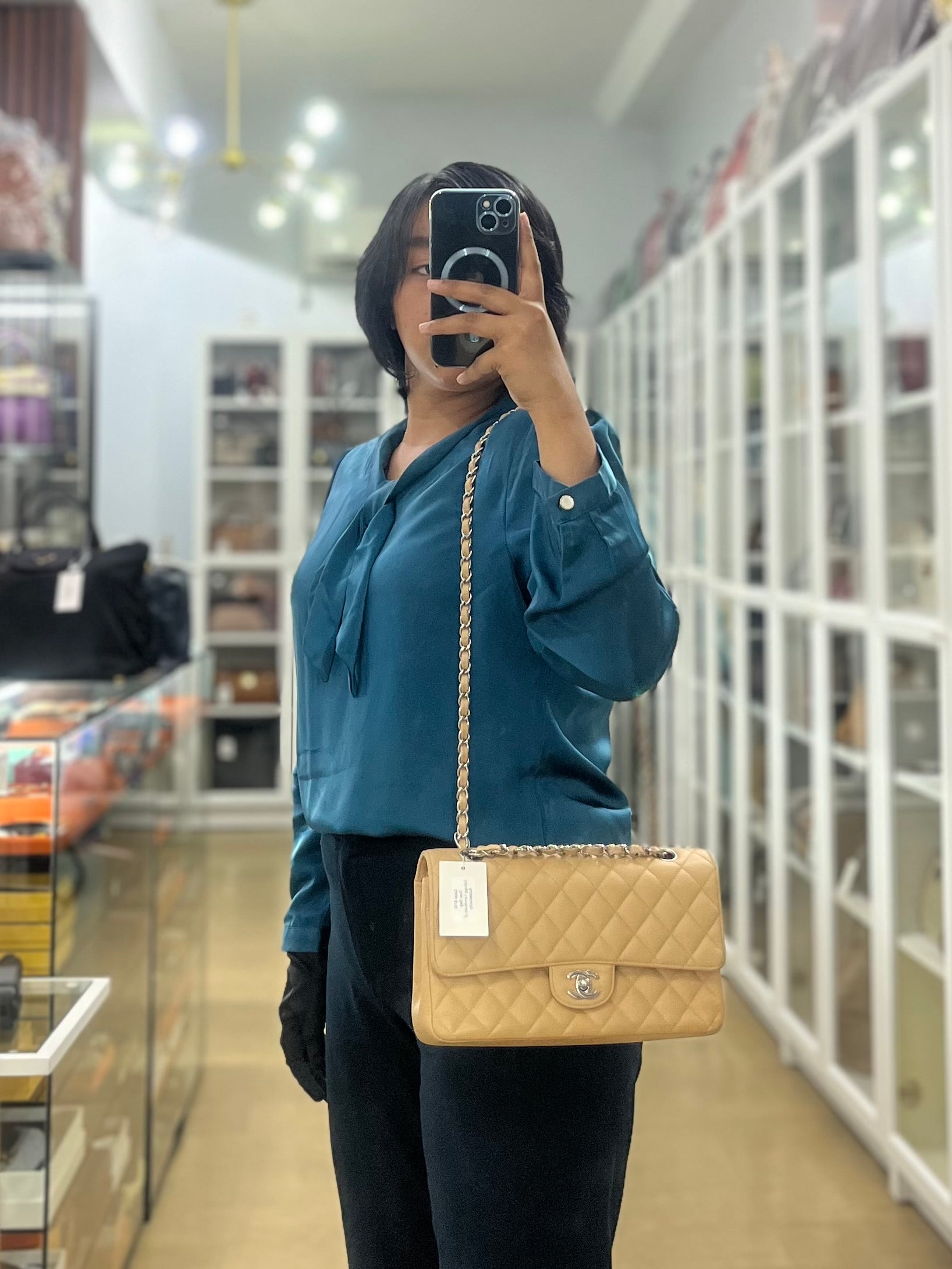 Classic Double Flap Medium Beige Clair Quilted Caviar Leather and Silver Hardware Series 19 (Repainted) | Purse Maison Luxury Bags Shop