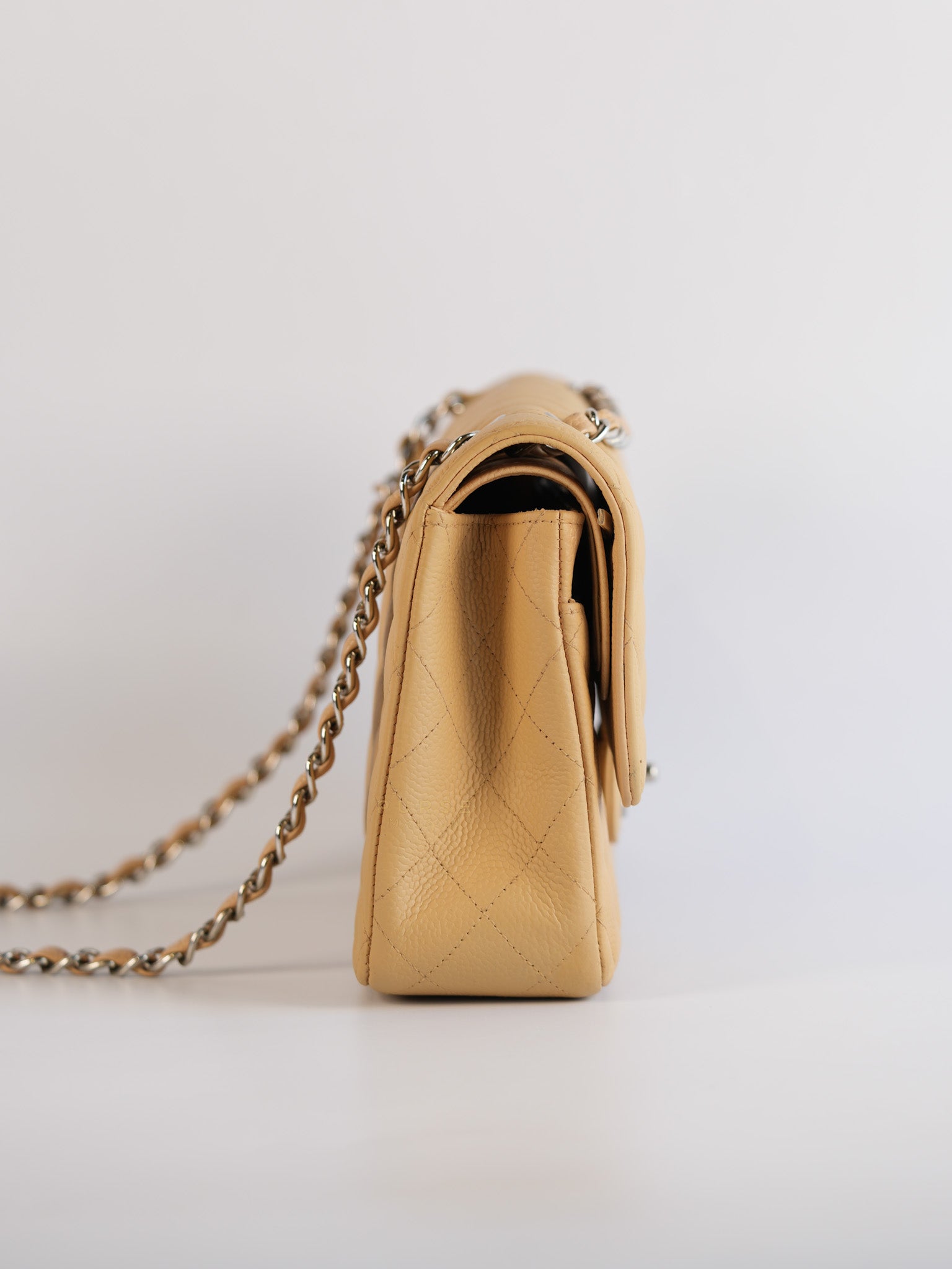 Classic Double Flap Medium Beige Clair Quilted Caviar Leather and Silver Hardware Series 19 (Repainted) | Purse Maison Luxury Bags Shop