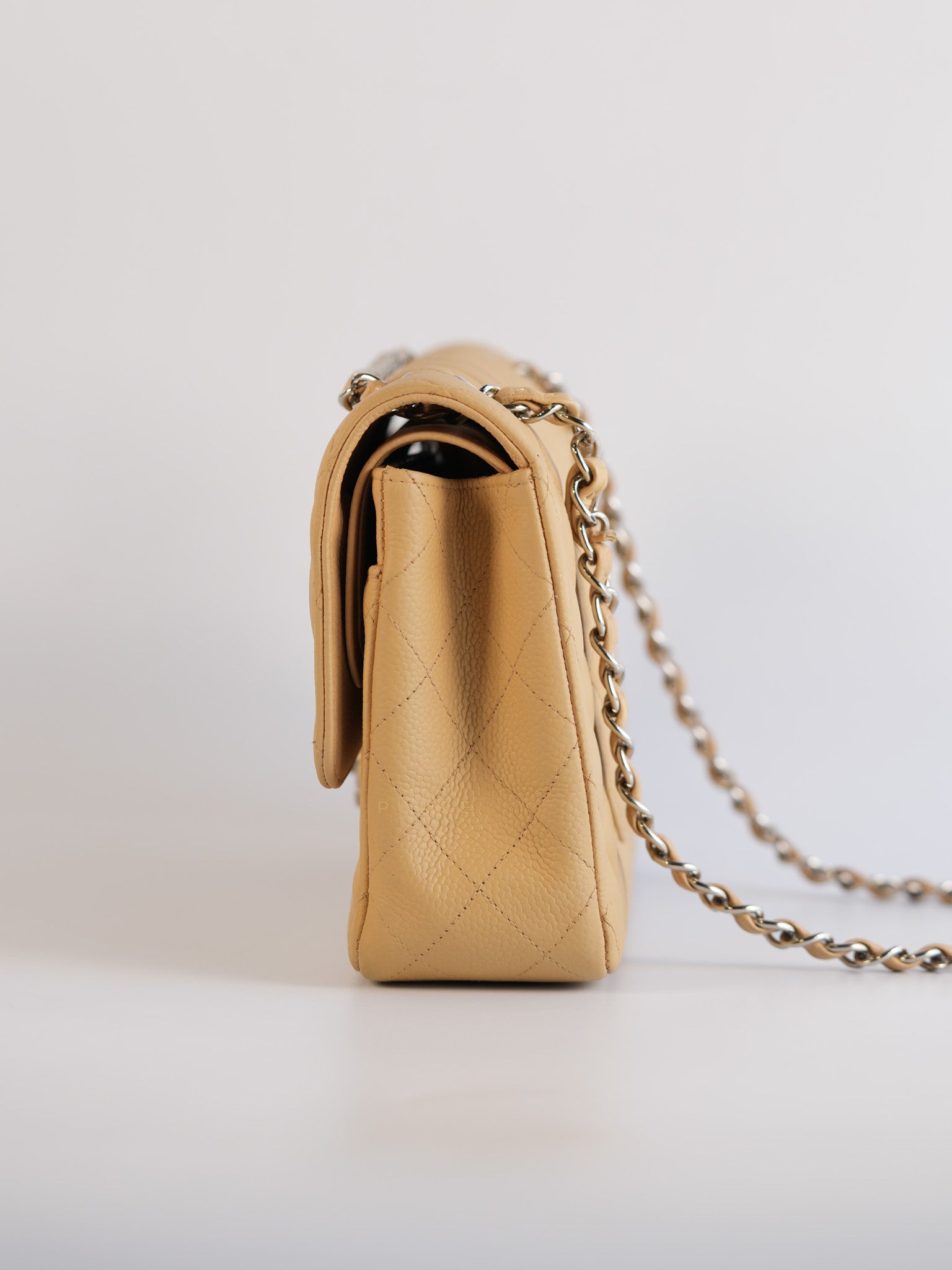 Classic Double Flap Medium Beige Clair Quilted Caviar Leather and Silver Hardware Series 19 (Repainted) | Purse Maison Luxury Bags Shop