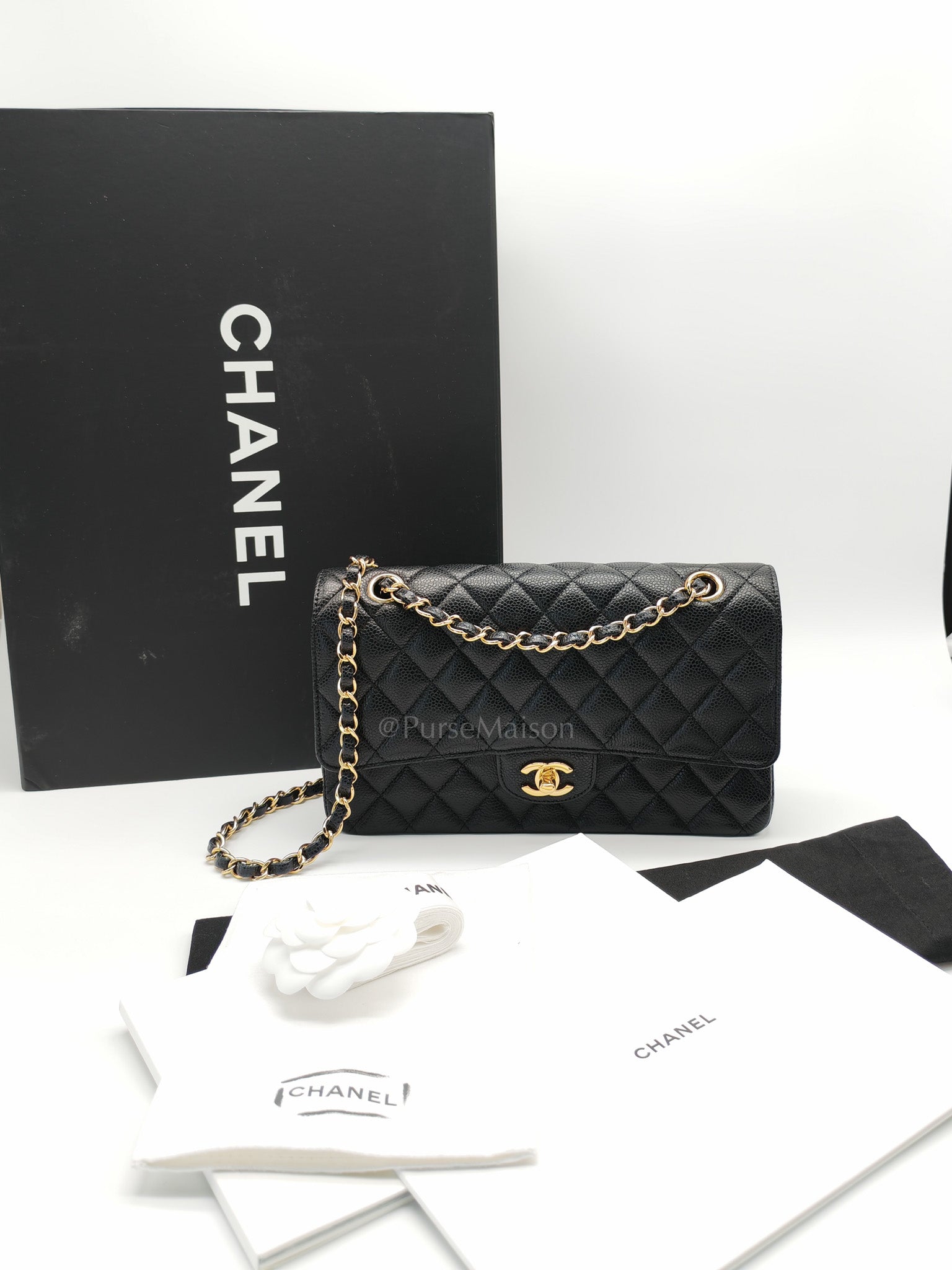 Classic Double Flap Medium Black Caviar Leather In Gold Hardware Series 19 | Purse Maison Luxury Bags Shop