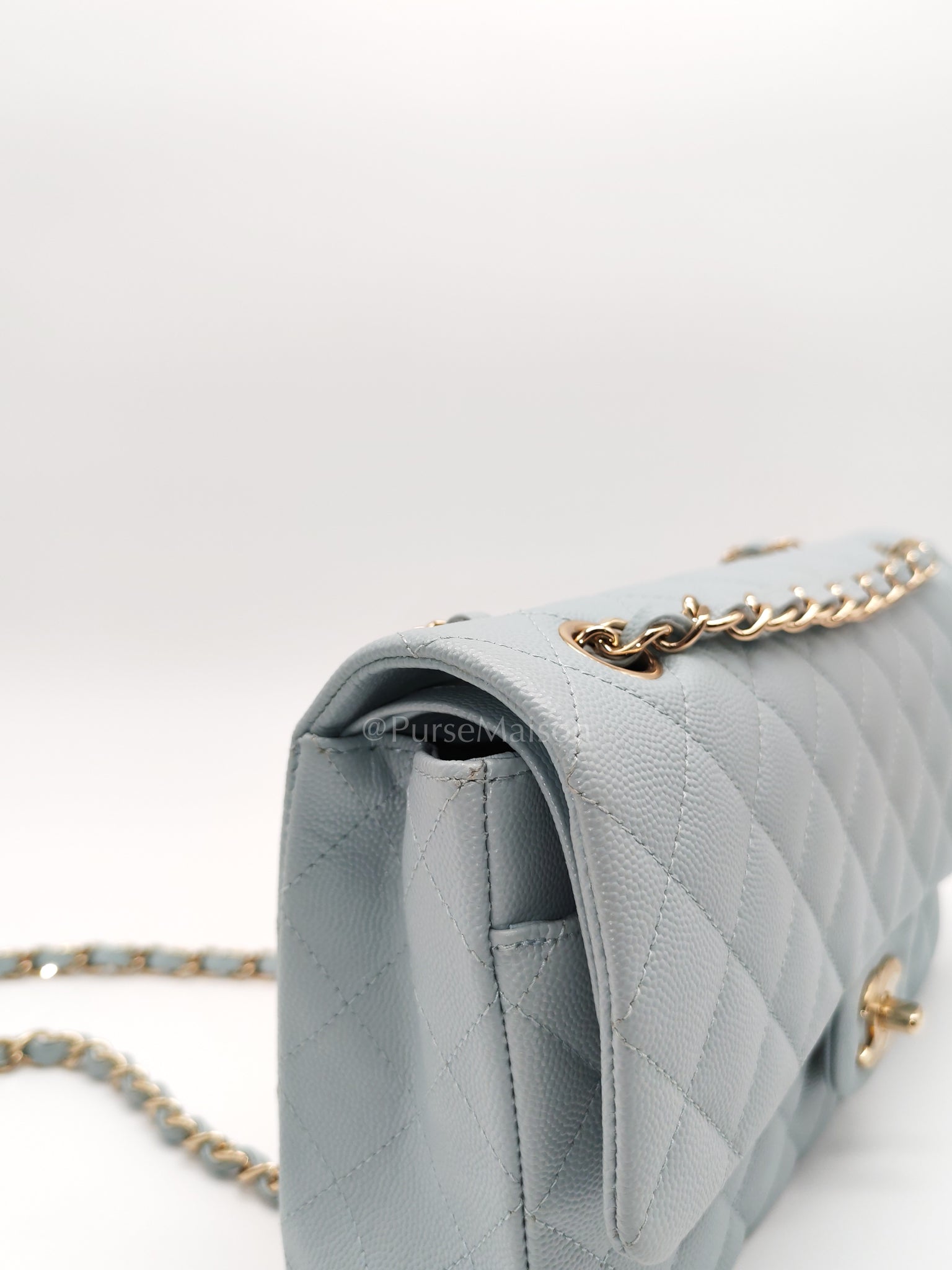 Classic Double Flap Medium Blue Gray in Caviar Leather and Light Gold Hardware (Microchip) | Purse Maison Luxury Bags Shop