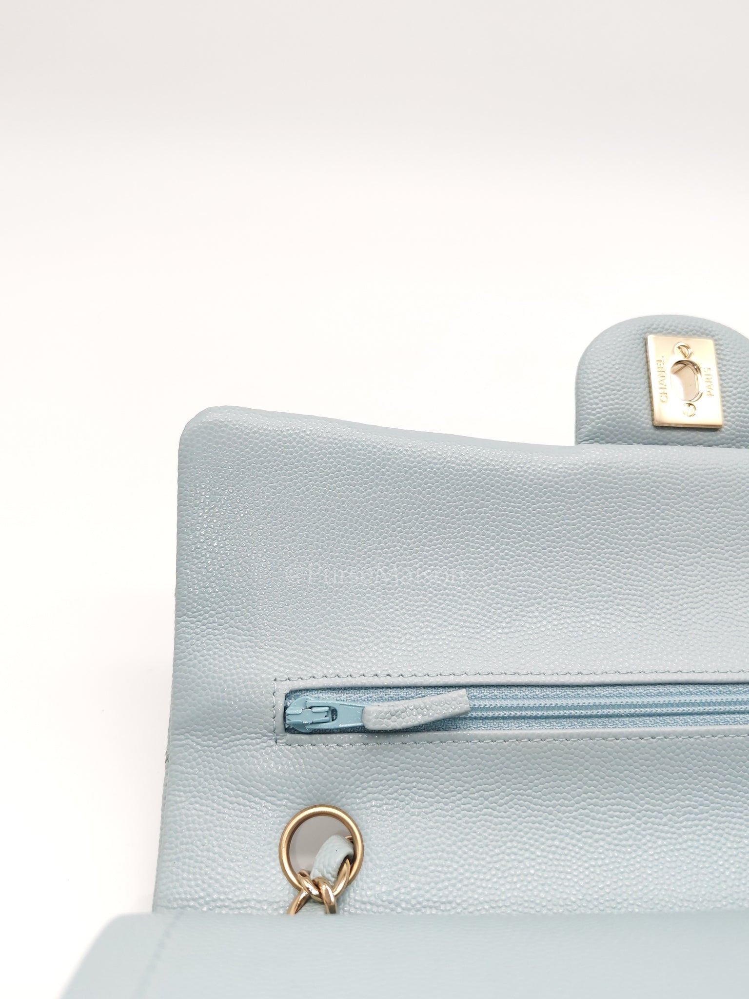 Classic Double Flap Medium Blue Gray in Caviar Leather and Light Gold Hardware (Microchip) | Purse Maison Luxury Bags Shop