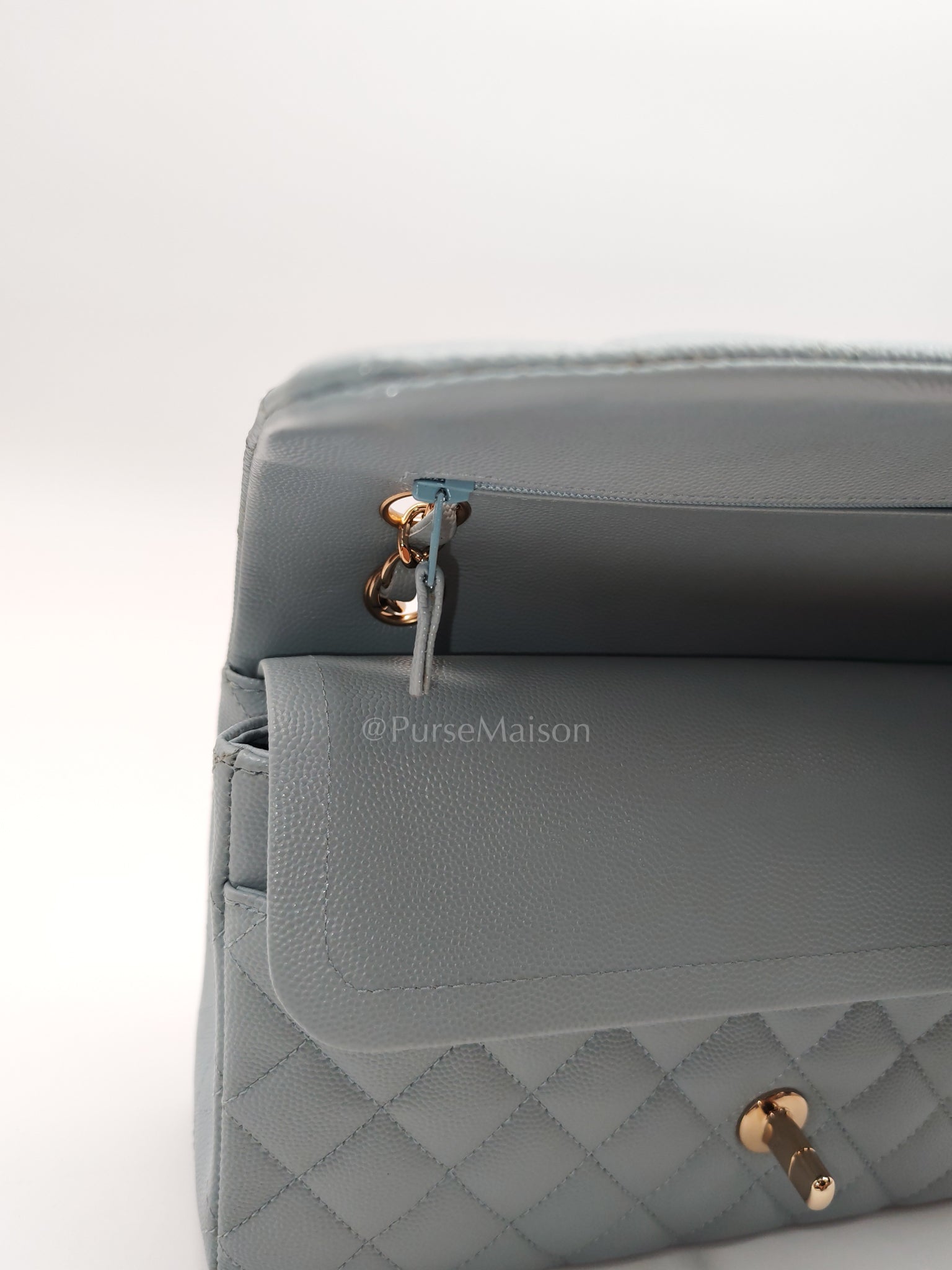Classic Double Flap Medium Blue Gray in Caviar Leather and Light Gold Hardware (Microchip) | Purse Maison Luxury Bags Shop