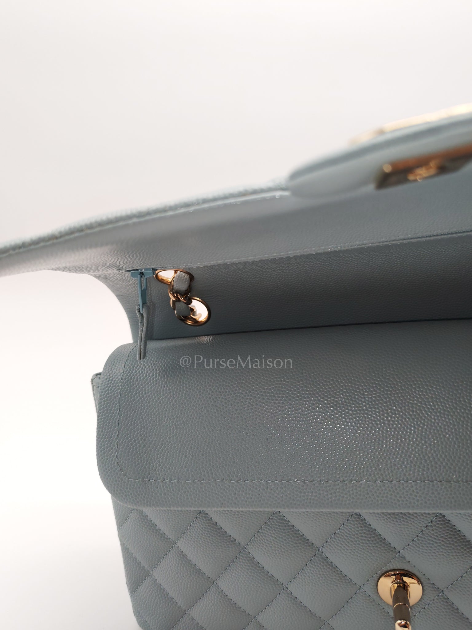 Classic Double Flap Medium Blue Gray in Caviar Leather and Light Gold Hardware (Microchip) | Purse Maison Luxury Bags Shop