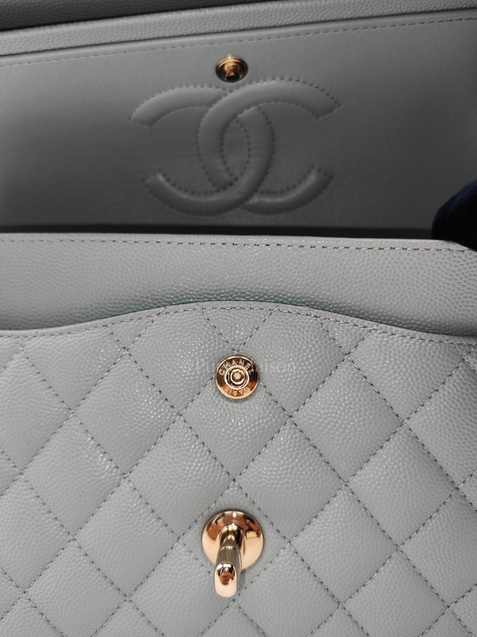 Classic Double Flap Medium Blue Gray in Caviar Leather and Light Gold Hardware (Microchip) | Purse Maison Luxury Bags Shop