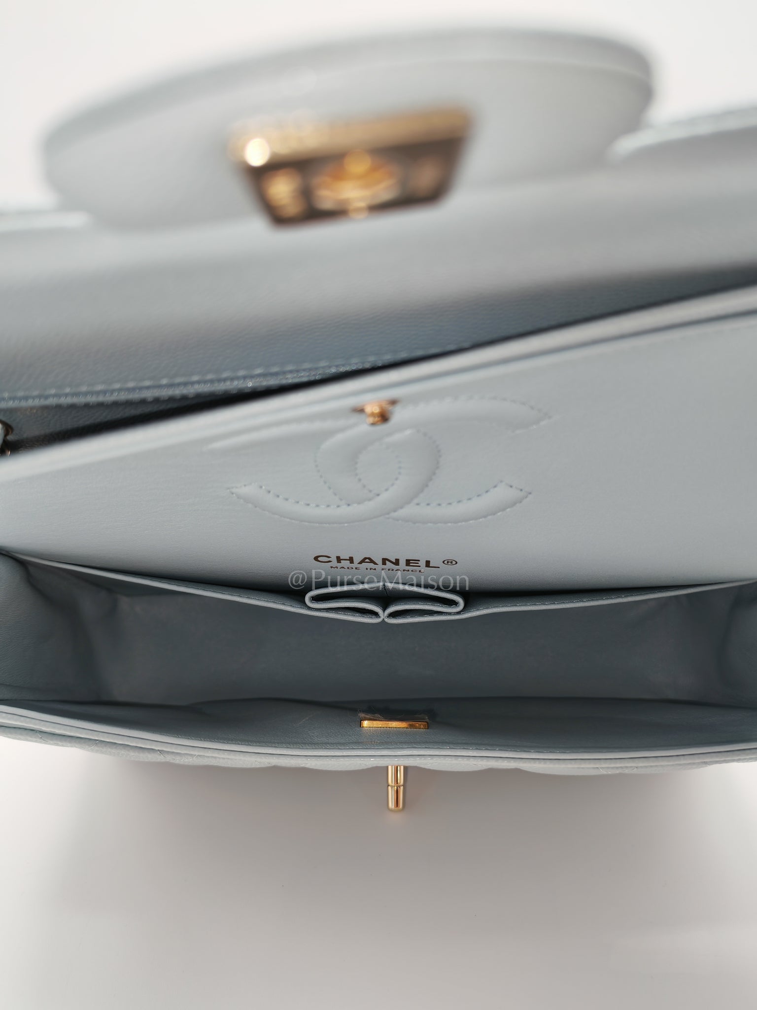 Classic Double Flap Medium Blue Gray in Caviar Leather and Light Gold Hardware (Microchip) | Purse Maison Luxury Bags Shop