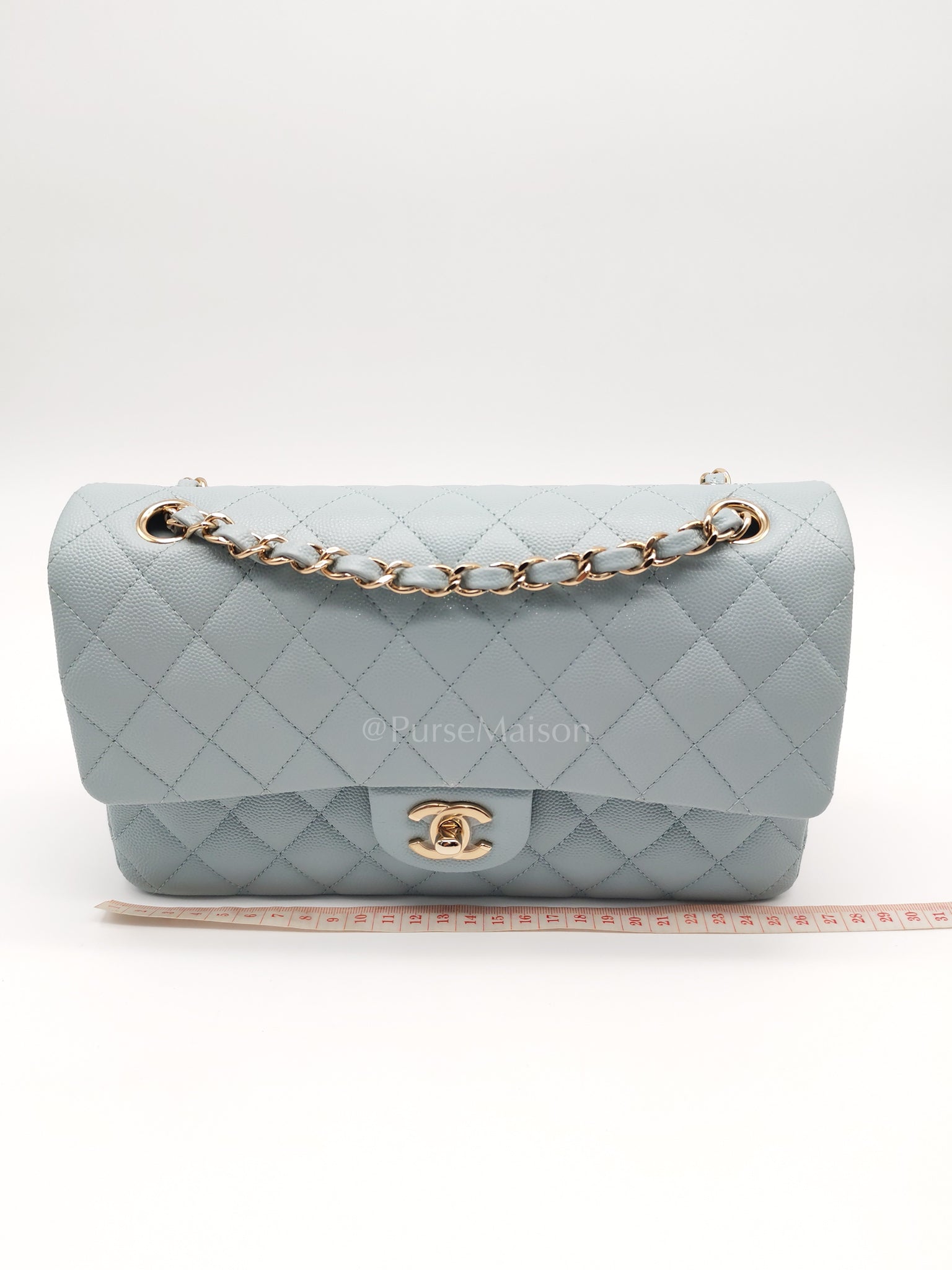 Classic Double Flap Medium Blue Gray in Caviar Leather and Light Gold Hardware (Microchip) | Purse Maison Luxury Bags Shop