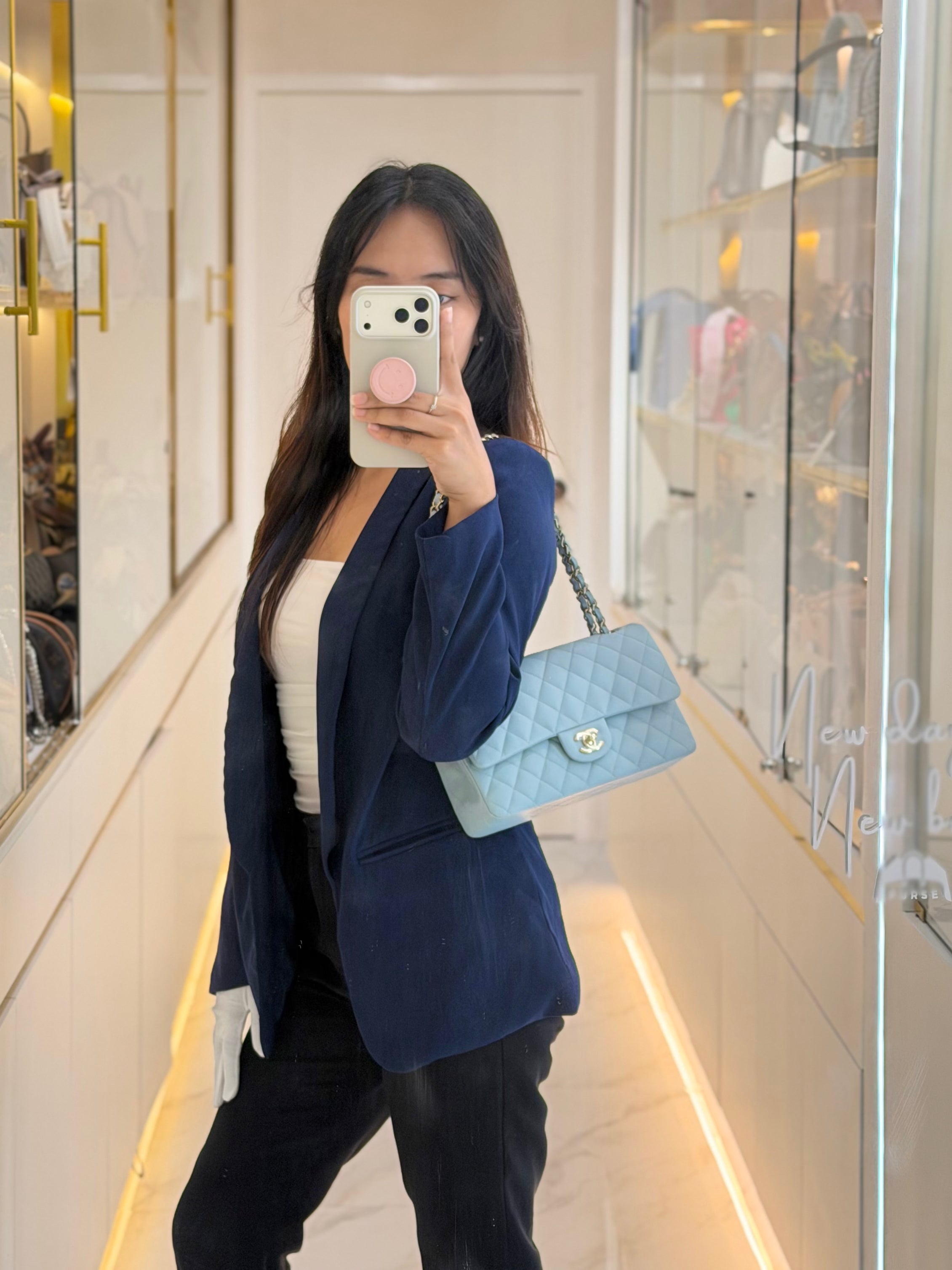 Classic Double Flap Medium Blue Gray in Caviar Leather and Light Gold Hardware (Microchip) | Purse Maison Luxury Bags Shop