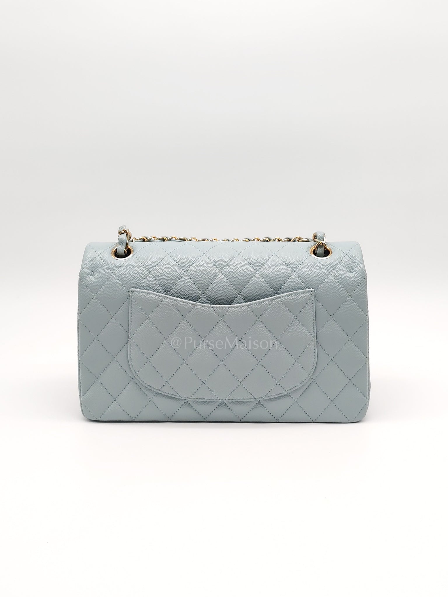 Classic Double Flap Medium Blue Gray in Caviar Leather and Light Gold Hardware (Microchip) | Purse Maison Luxury Bags Shop