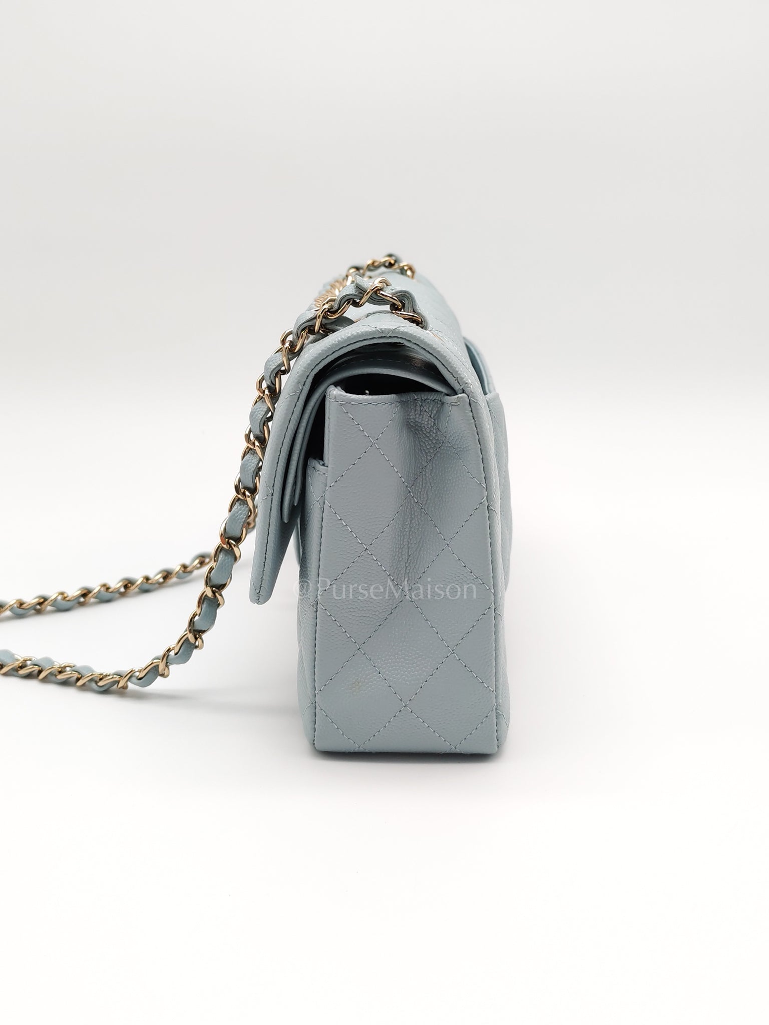 Classic Double Flap Medium Blue Gray in Caviar Leather and Light Gold Hardware (Microchip) | Purse Maison Luxury Bags Shop