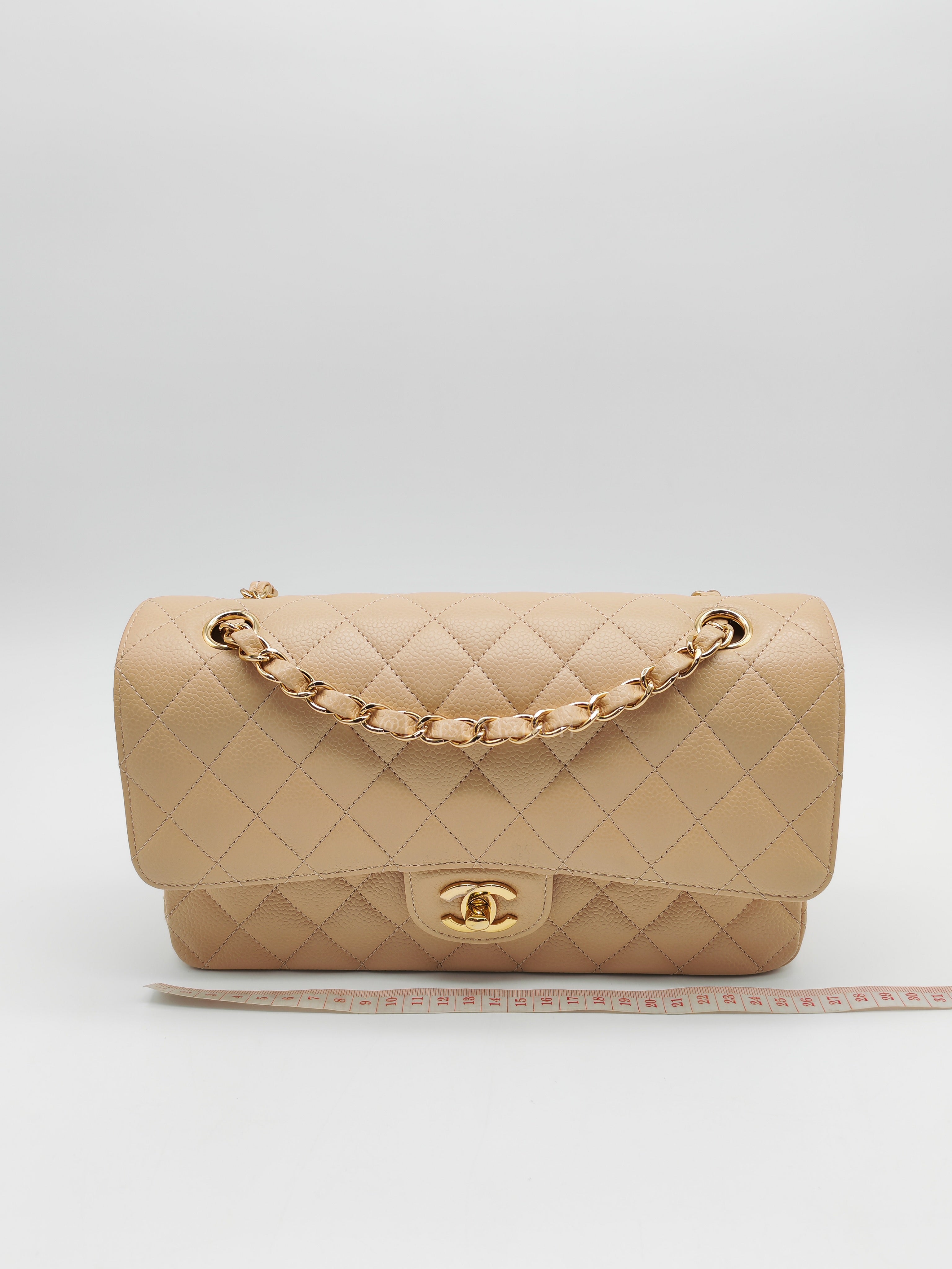 Classic Double Flap Medium in Beige Caviar Leather and Gold Hardware (Microchip) | Purse Maison Luxury Bags Shop
