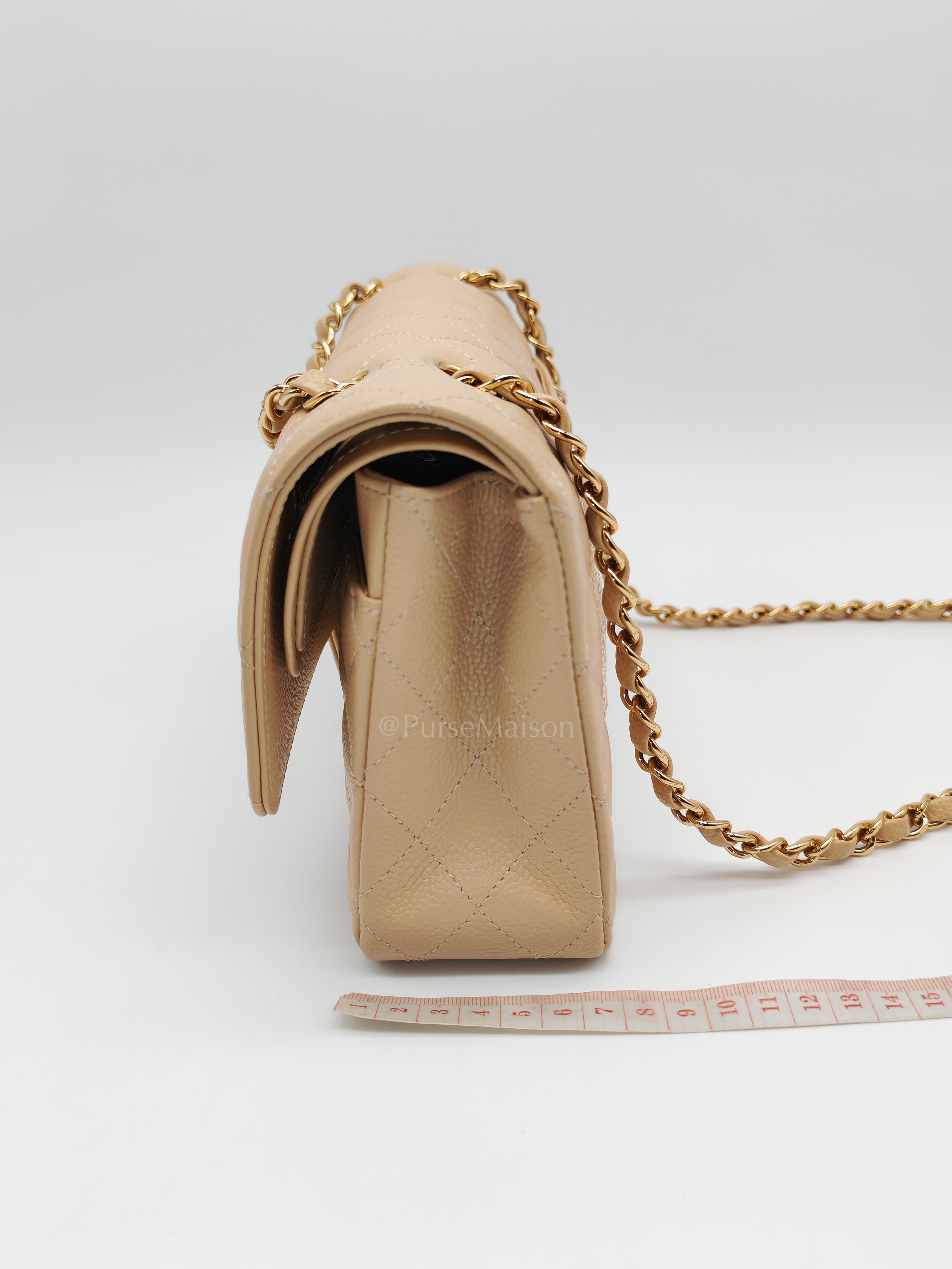 Classic Double Flap Medium in Beige Caviar Leather and Gold Hardware (Microchip) | Purse Maison Luxury Bags Shop