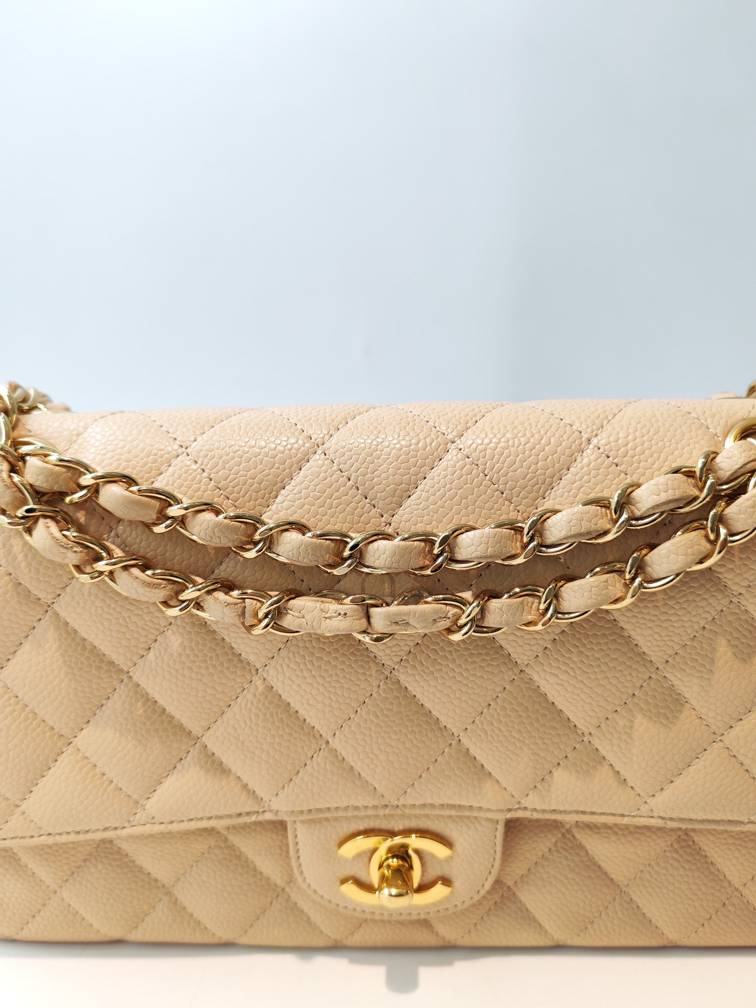 Classic Double Flap Medium in Beige Clair Caviar Leather and Gold Hardware Series 13 | Purse Maison Luxury Bags Shop