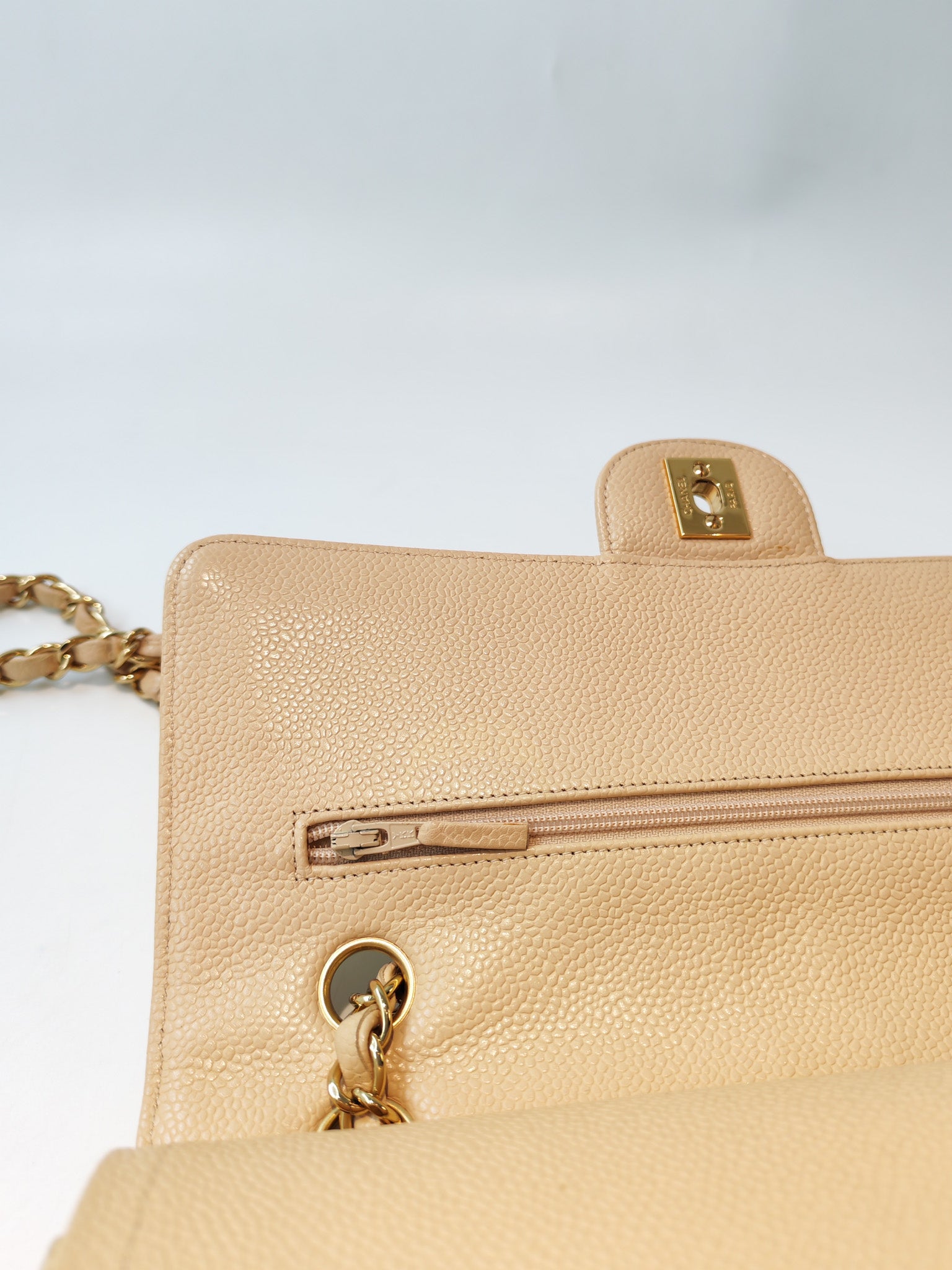 Classic Double Flap Medium in Beige Clair Caviar Leather and Gold Hardware Series 13 | Purse Maison Luxury Bags Shop