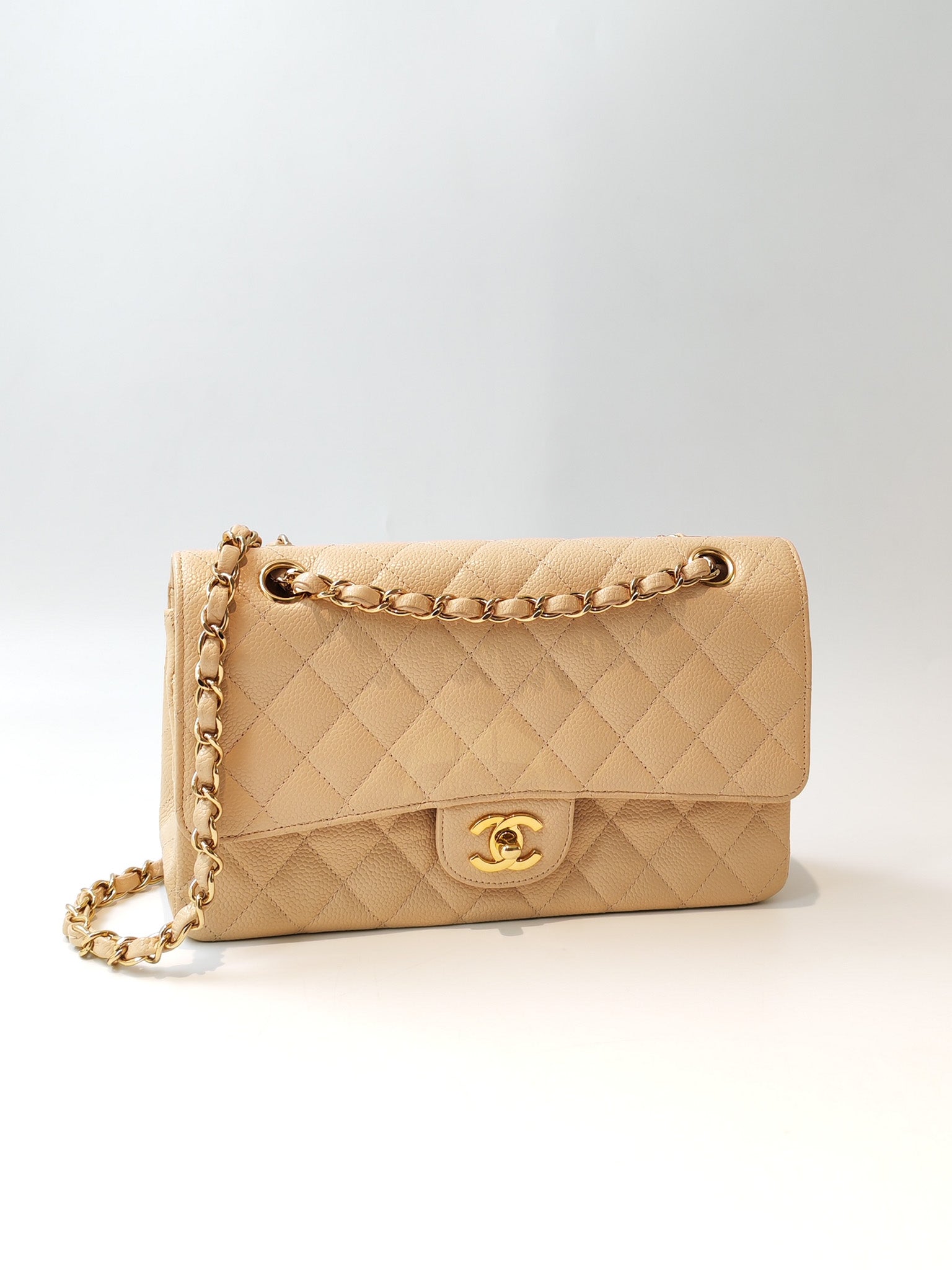 Classic Double Flap Medium in Beige Clair Caviar Leather and Gold Hardware Series 13 | Purse Maison Luxury Bags Shop