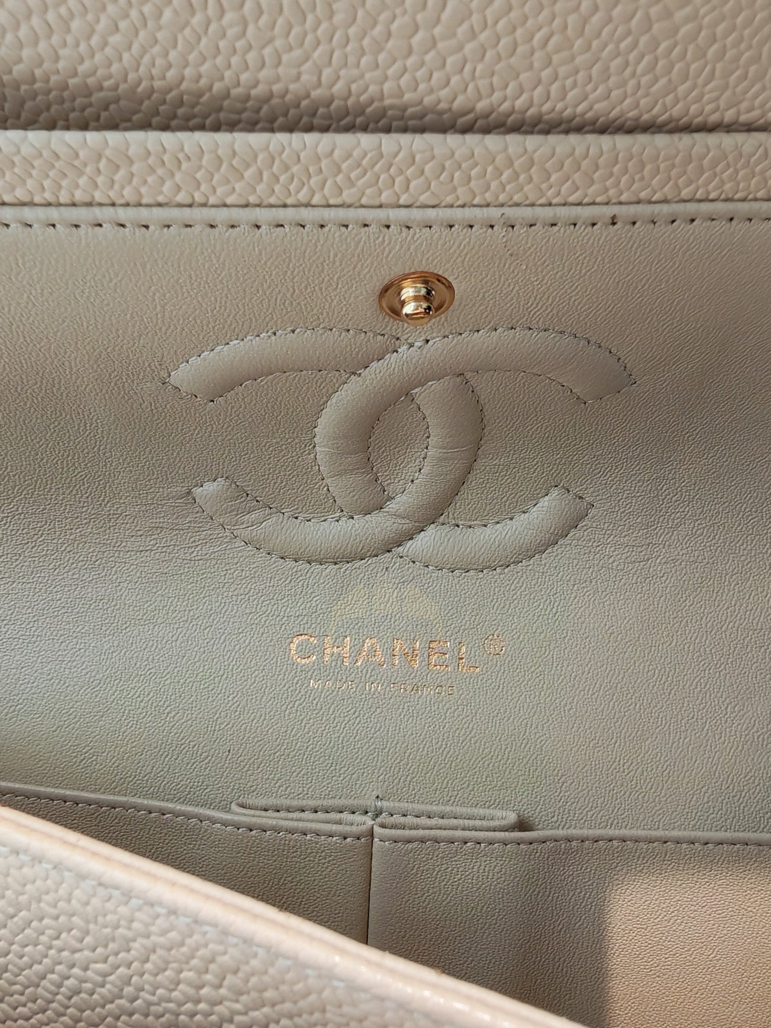 Classic Double Flap Medium in Beige Clair Caviar Leather and Gold Hardware Series 13 | Purse Maison Luxury Bags Shop