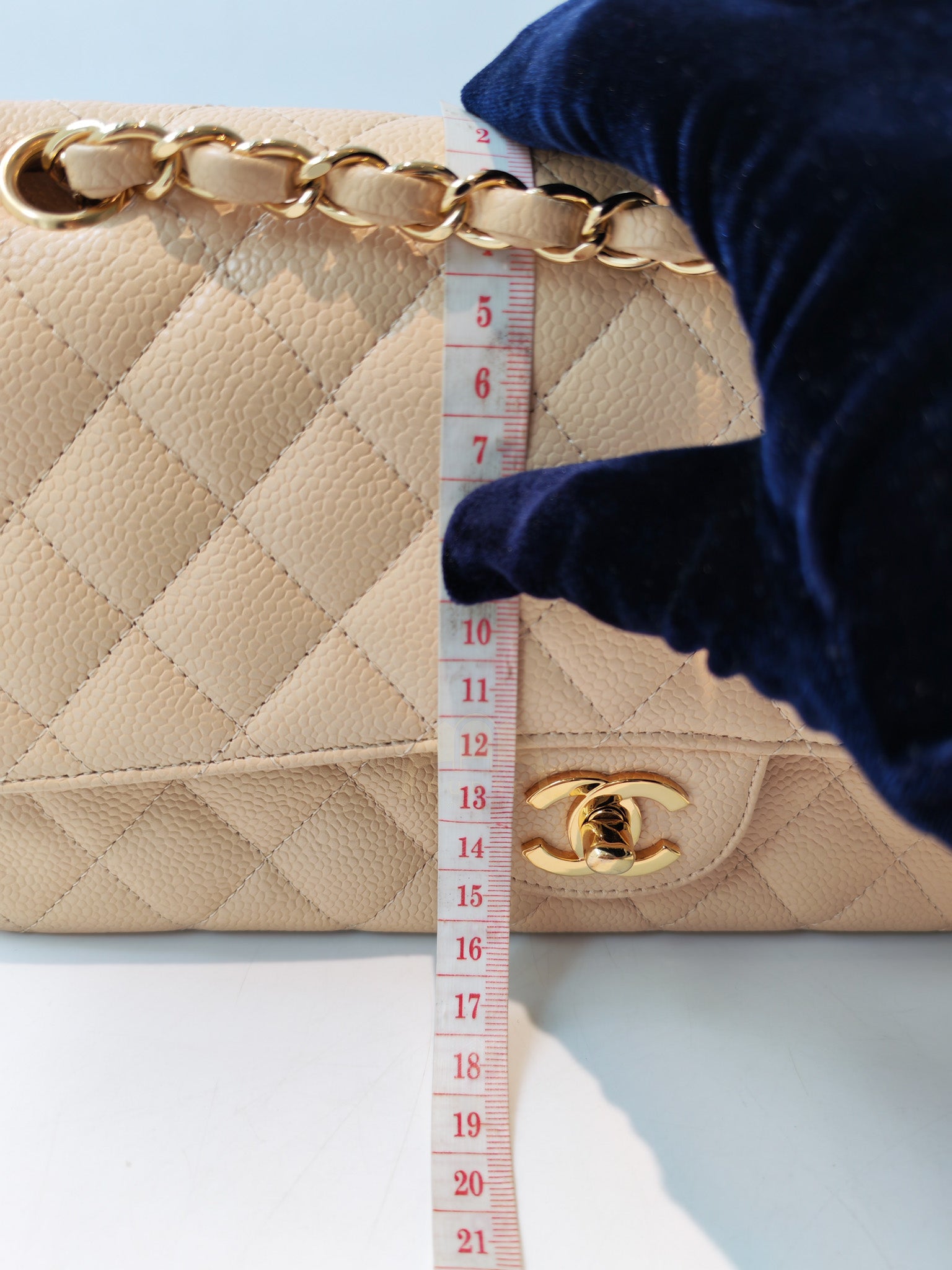 Classic Double Flap Medium in Beige Clair Caviar Leather and Gold Hardware Series 13 | Purse Maison Luxury Bags Shop