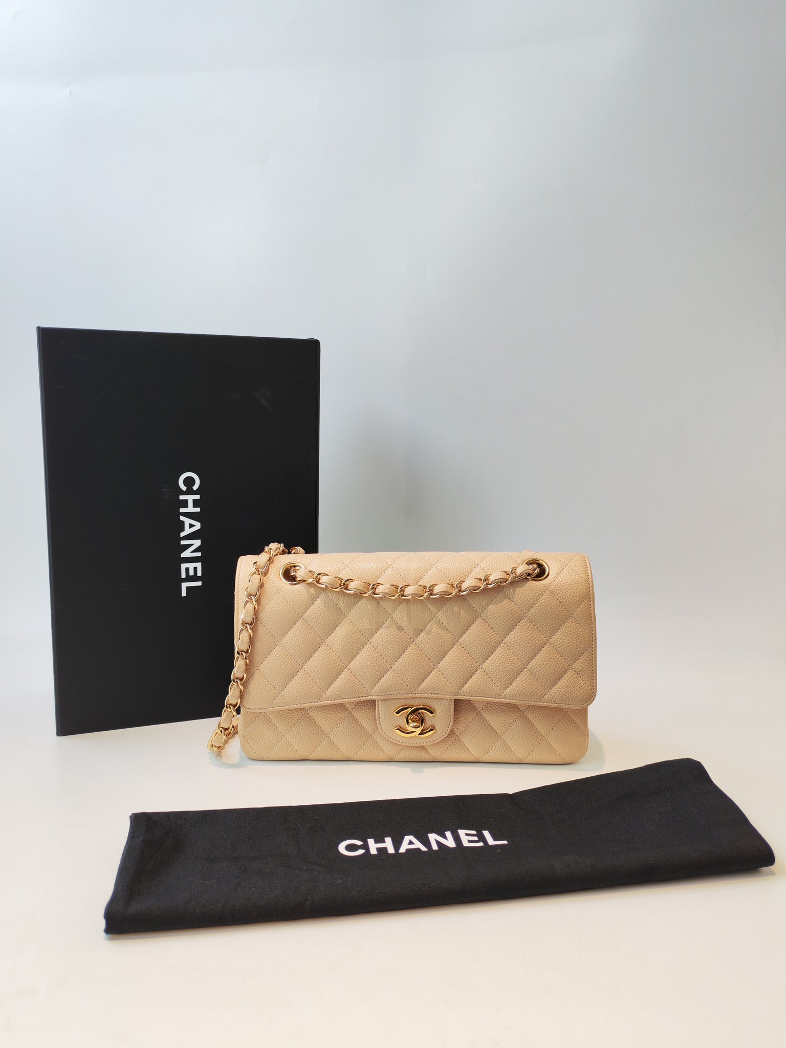 Classic Double Flap Medium in Beige Clair Caviar Leather and Gold Hardware Series 13 | Purse Maison Luxury Bags Shop