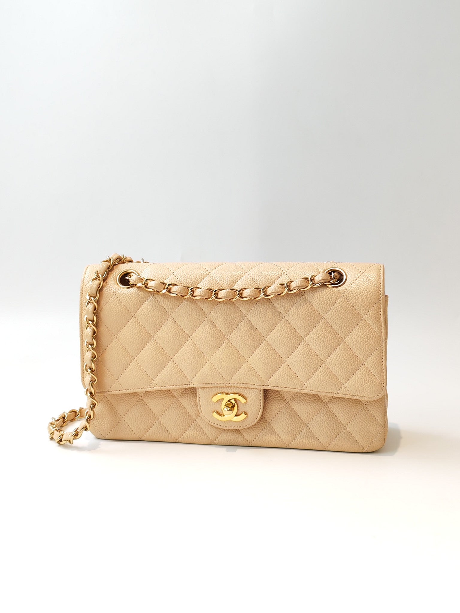 Classic Double Flap Medium in Beige Clair Caviar Leather and Gold Hardware Series 13 | Purse Maison Luxury Bags Shop
