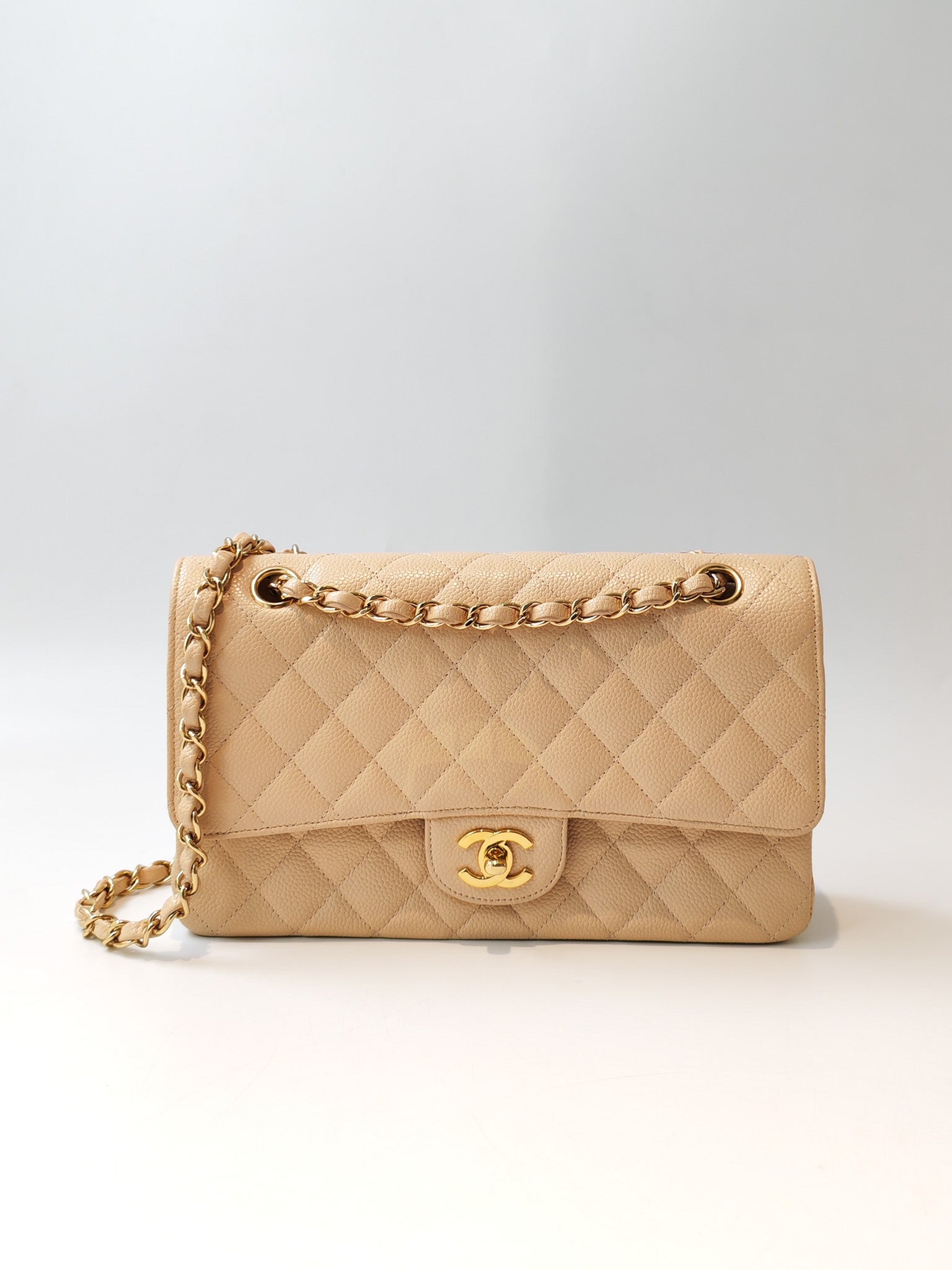 Classic Double Flap Medium in Beige Clair Caviar Leather and Gold Hardware Series 13 | Purse Maison Luxury Bags Shop