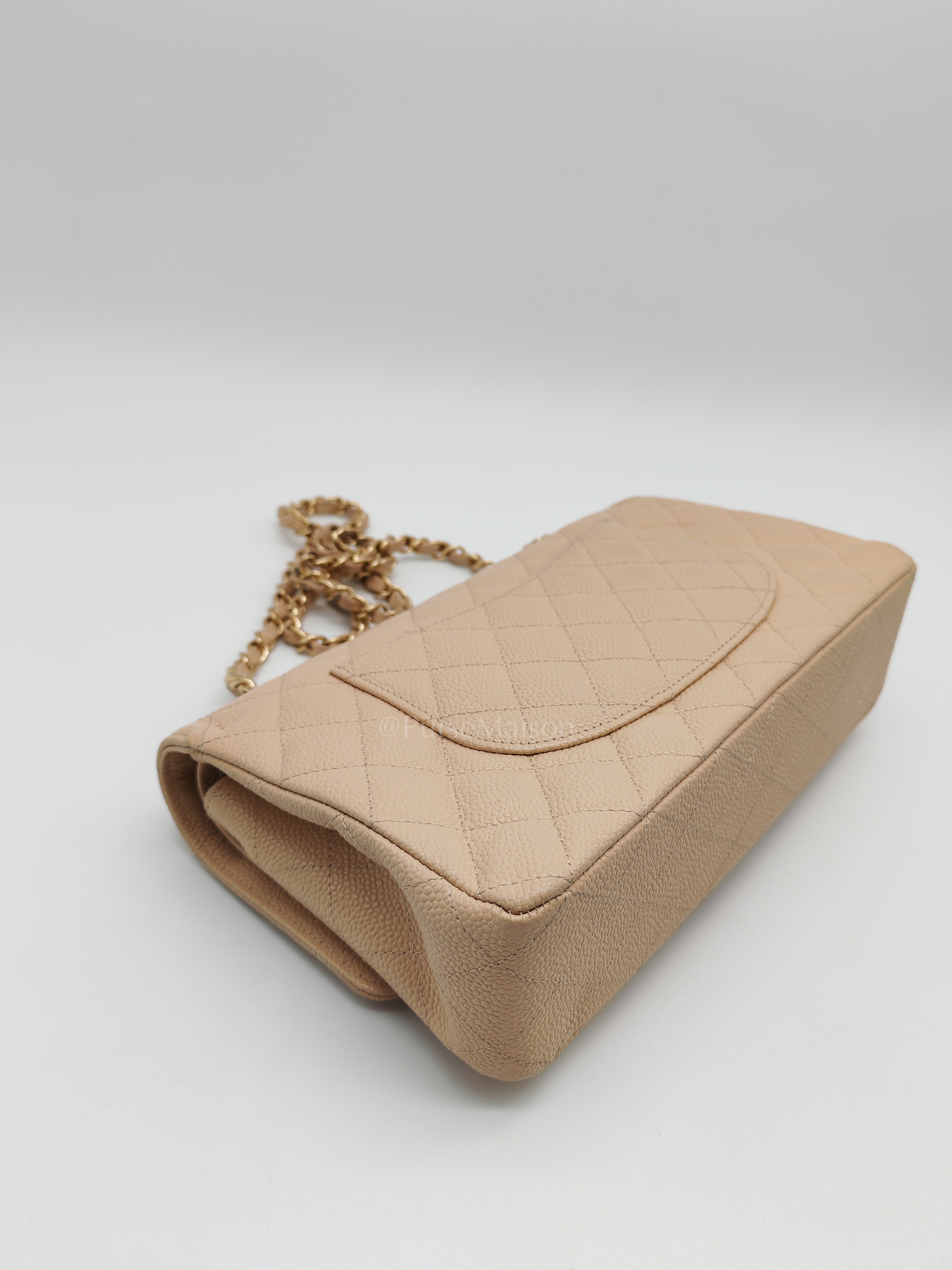 Classic Double Flap Medium in Beige Clair Caviar Leather and Gold Hardware Series 18 | Purse Maison Luxury Bags Shop