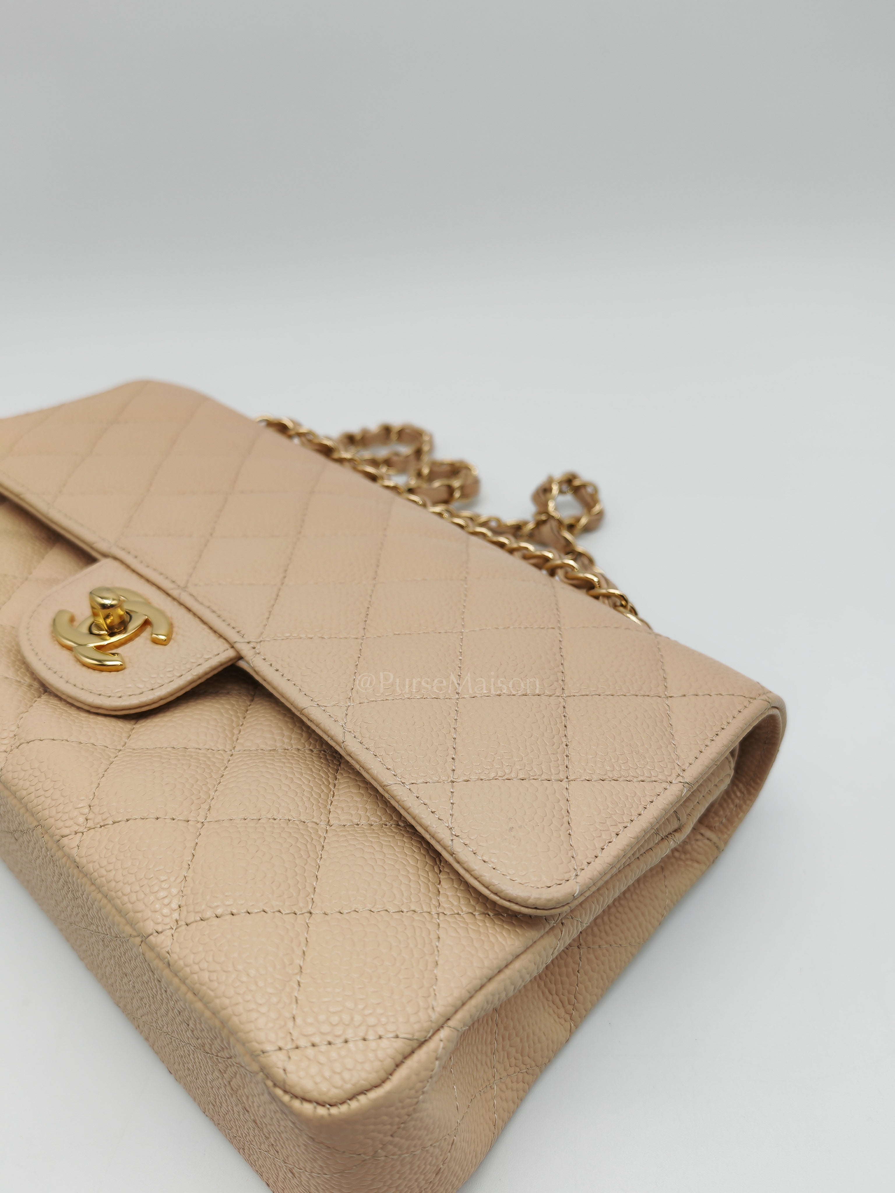 Classic Double Flap Medium in Beige Clair Caviar Leather and Gold Hardware Series 18 | Purse Maison Luxury Bags Shop