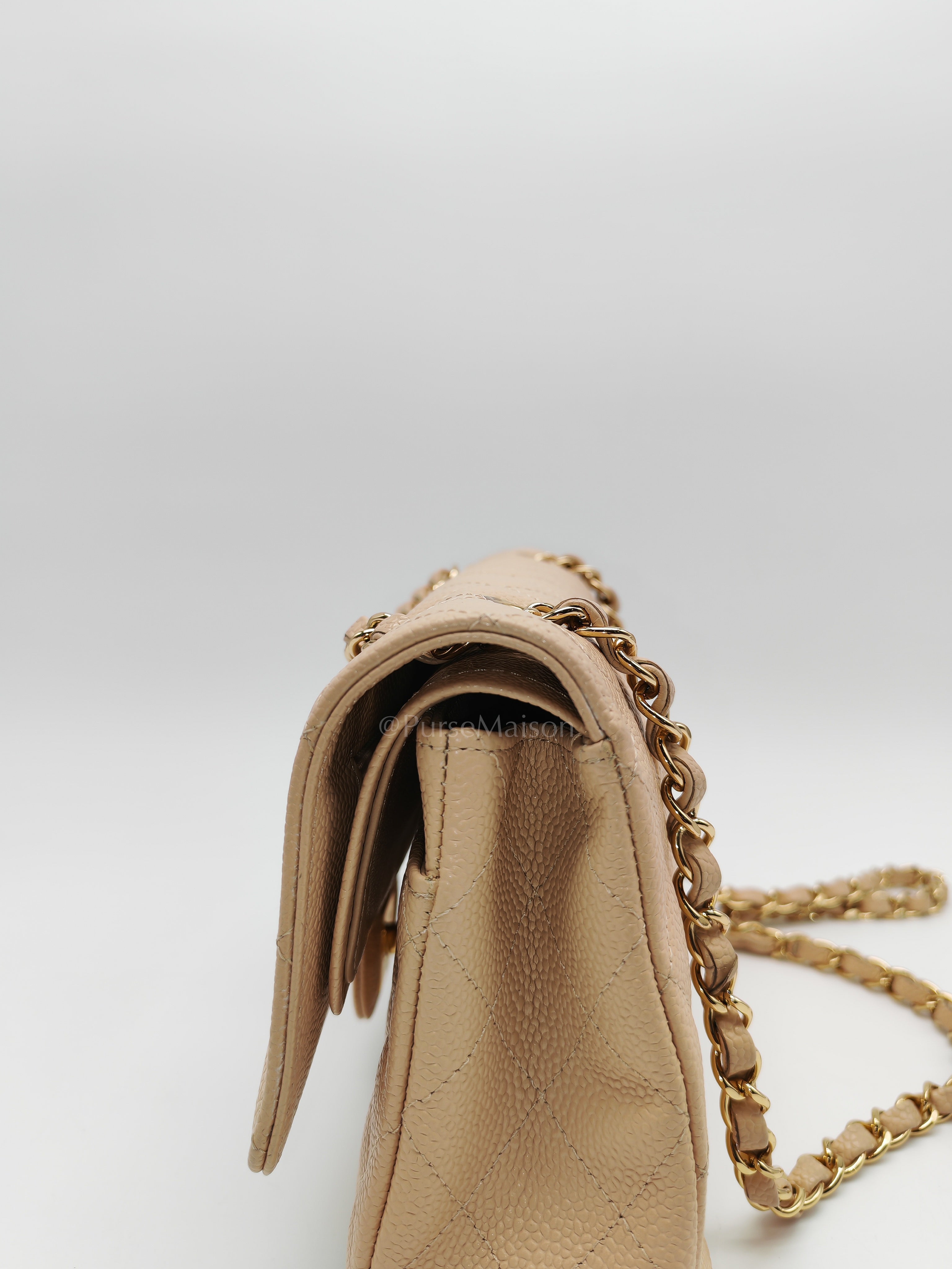 Classic Double Flap Medium in Beige Clair Caviar Leather and Gold Hardware Series 18 | Purse Maison Luxury Bags Shop