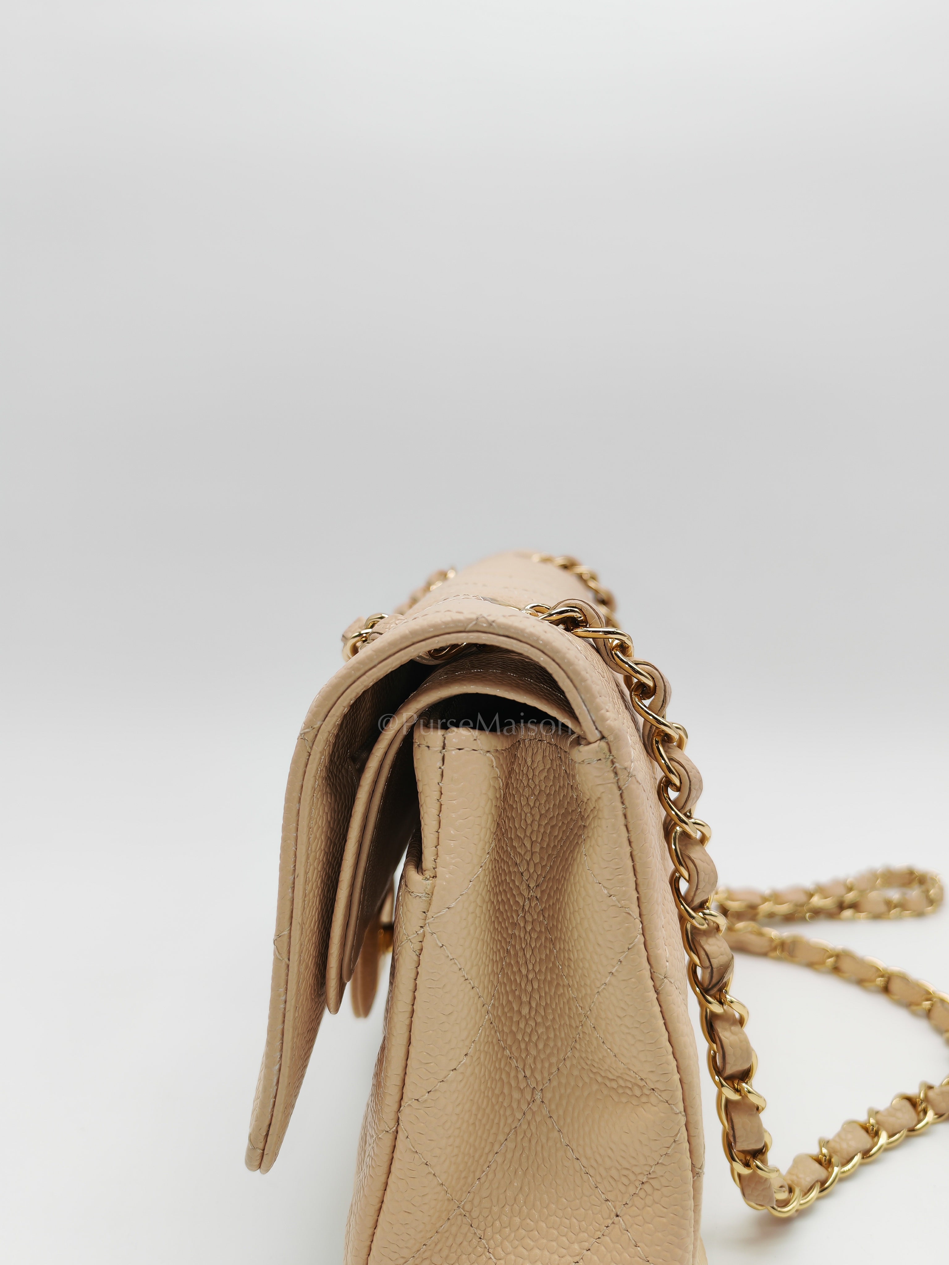 Classic Double Flap Medium in Beige Clair Caviar Leather and Gold Hardware Series 18 | Purse Maison Luxury Bags Shop