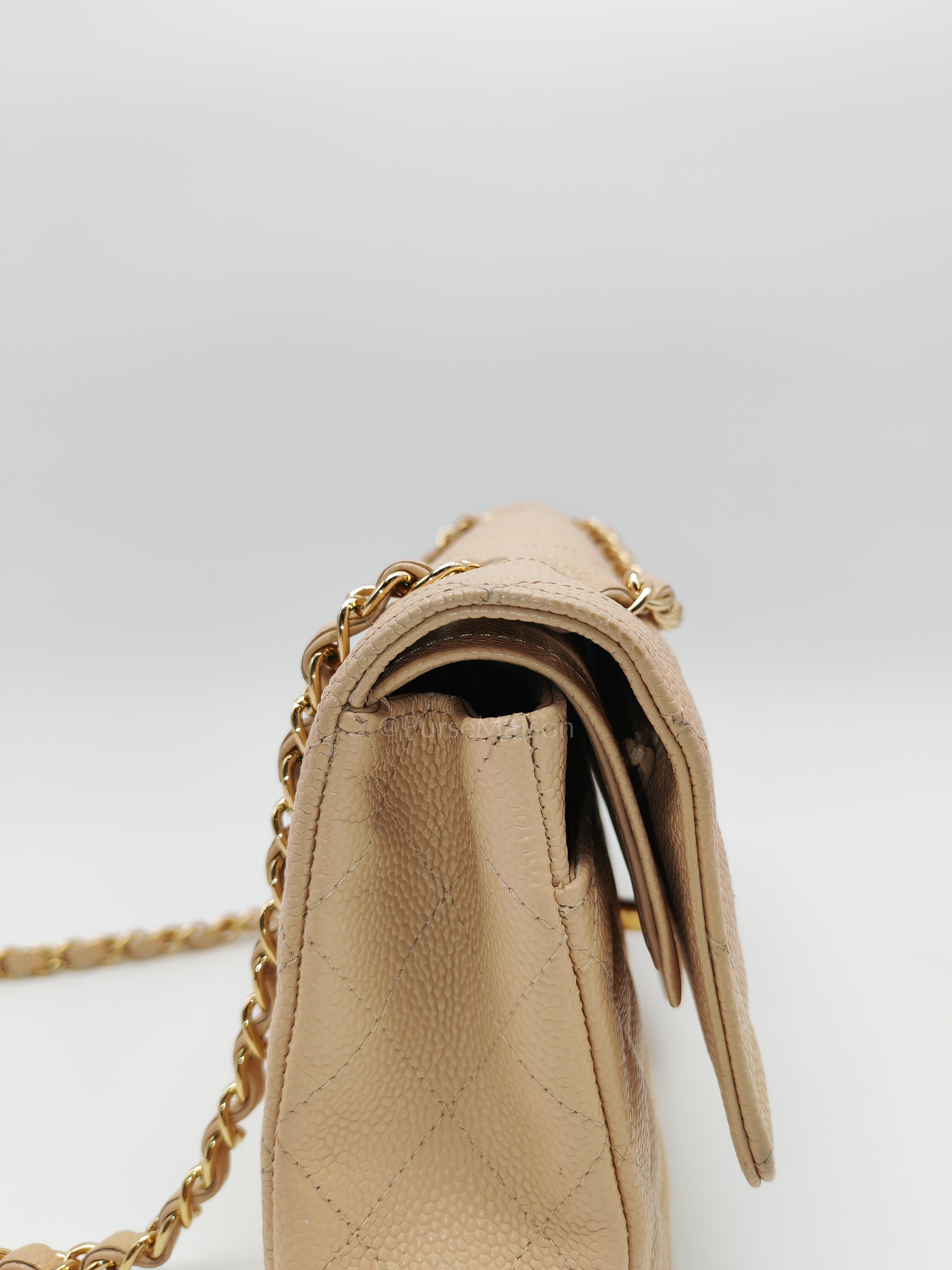 Classic Double Flap Medium in Beige Clair Caviar Leather and Gold Hardware Series 18 | Purse Maison Luxury Bags Shop