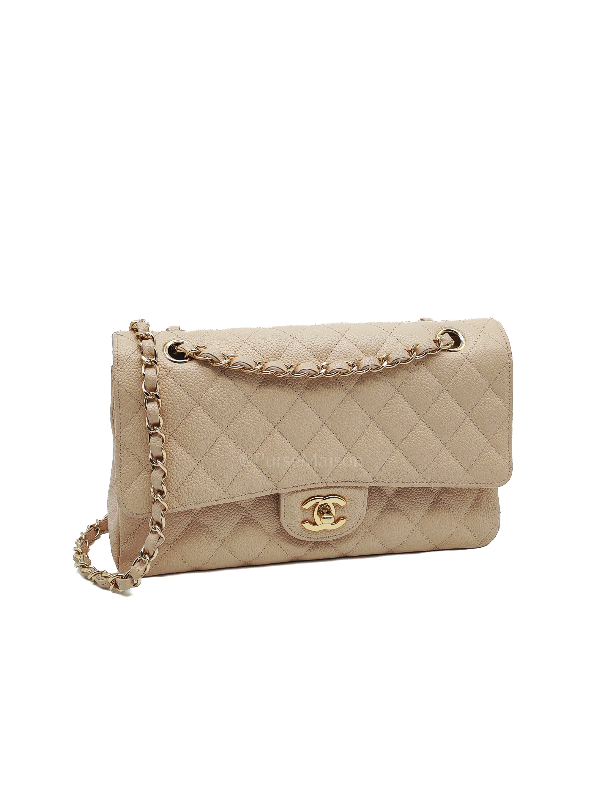 Classic Double Flap Medium in Beige Clair Caviar Leather and Gold Hardware Series 18 | Purse Maison Luxury Bags Shop
