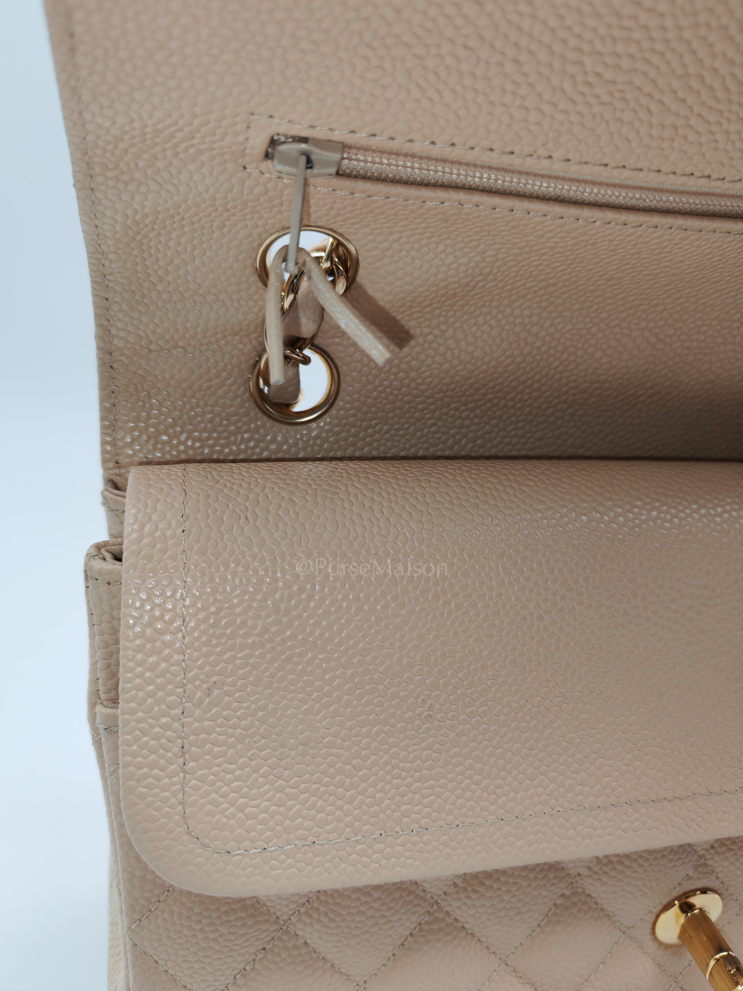 Classic Double Flap Medium in Beige Clair Caviar Leather and Gold Hardware Series 18 | Purse Maison Luxury Bags Shop