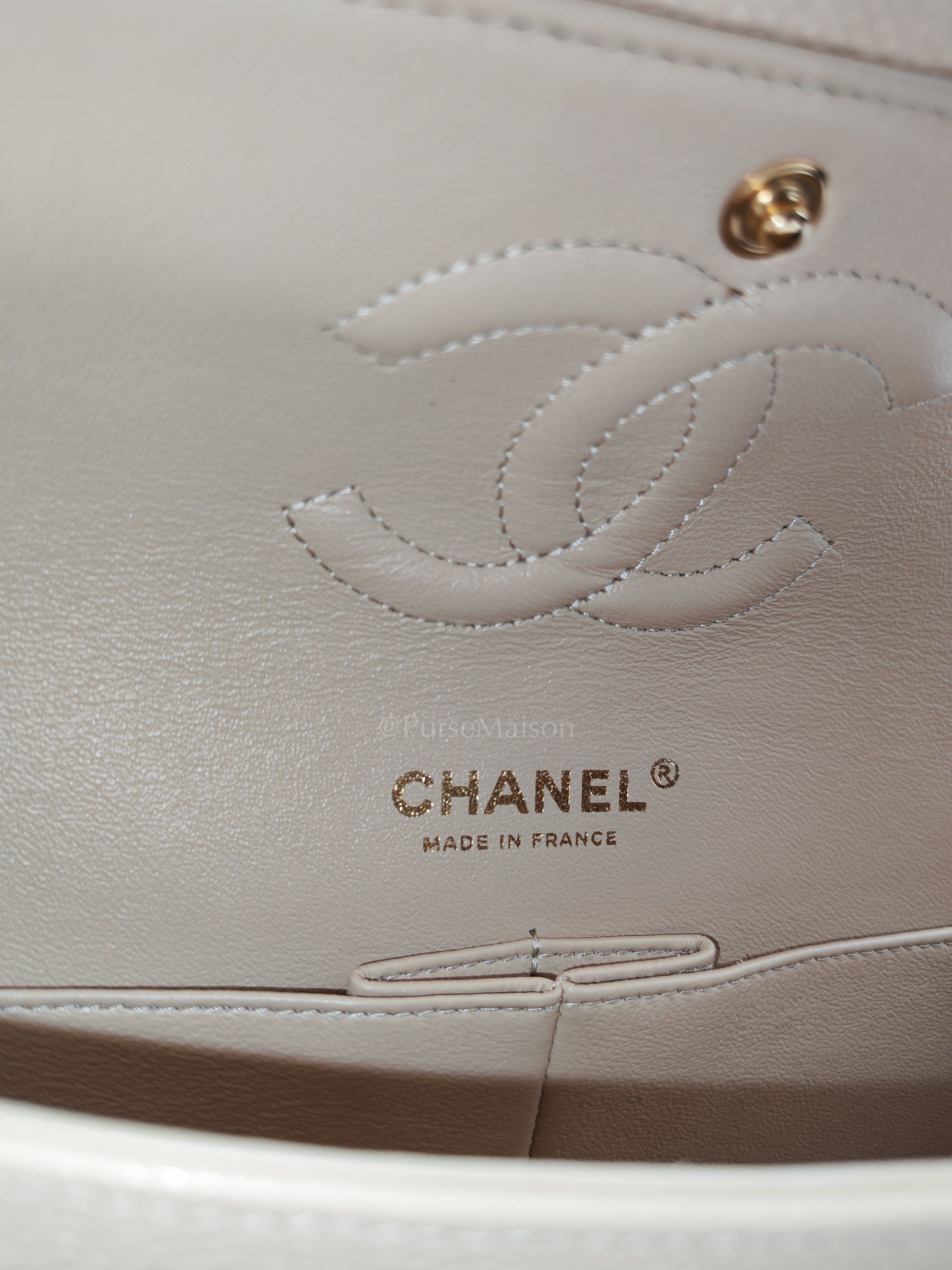 Classic Double Flap Medium in Beige Clair Caviar Leather and Gold Hardware Series 18 | Purse Maison Luxury Bags Shop