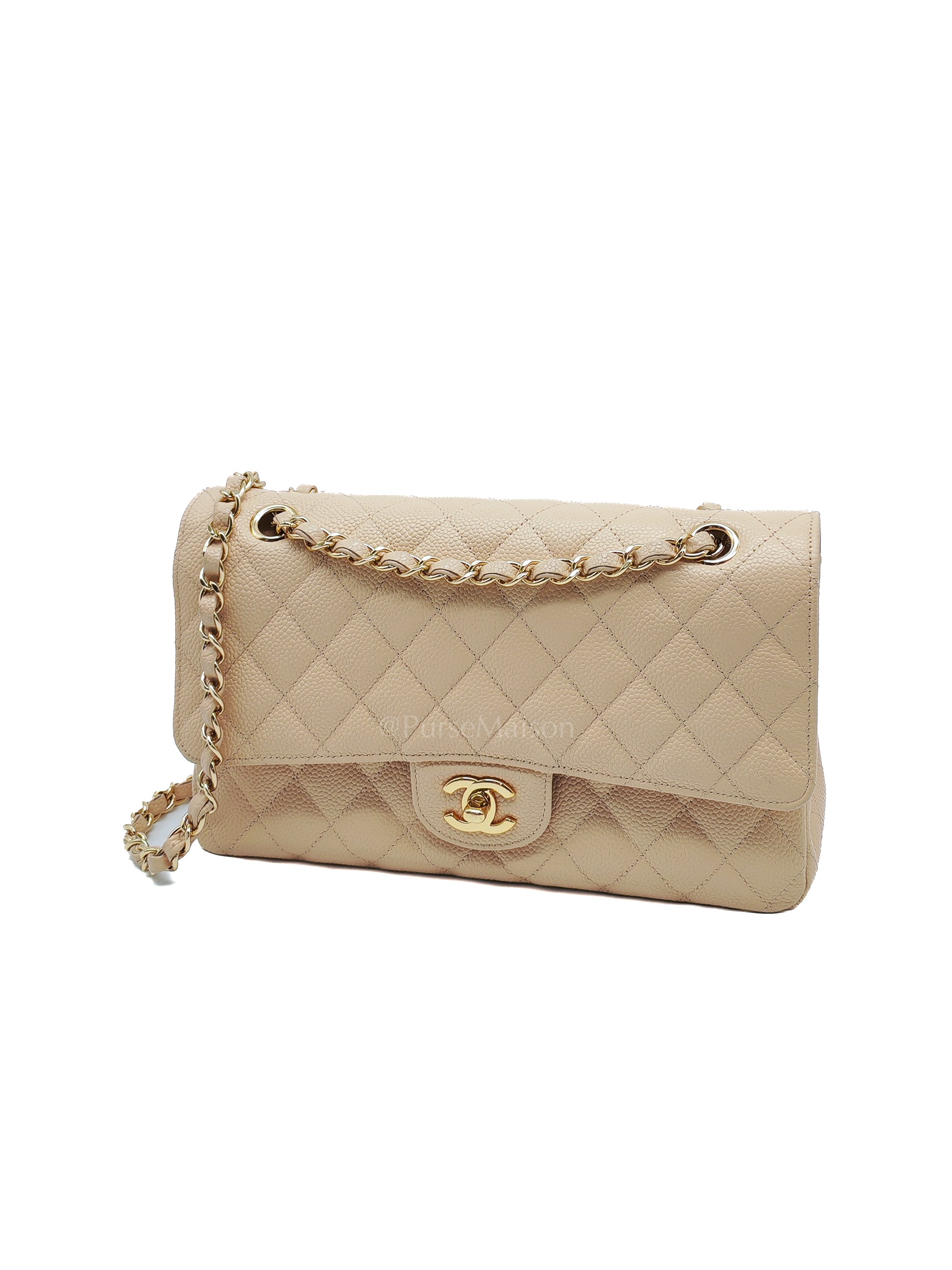 Classic Double Flap Medium in Beige Clair Caviar Leather and Gold Hardware Series 18 | Purse Maison Luxury Bags Shop