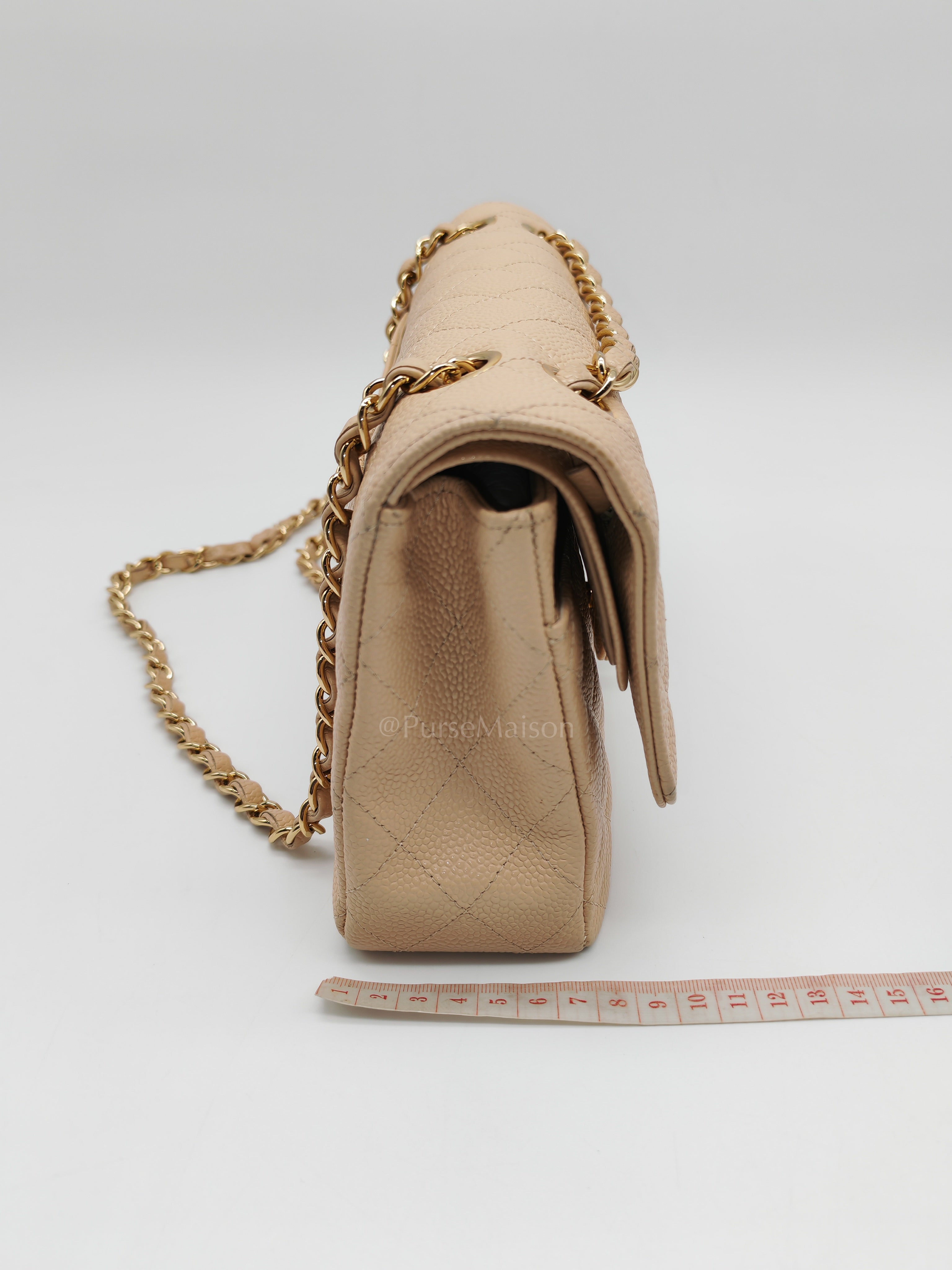 Classic Double Flap Medium in Beige Clair Caviar Leather and Gold Hardware Series 18 | Purse Maison Luxury Bags Shop
