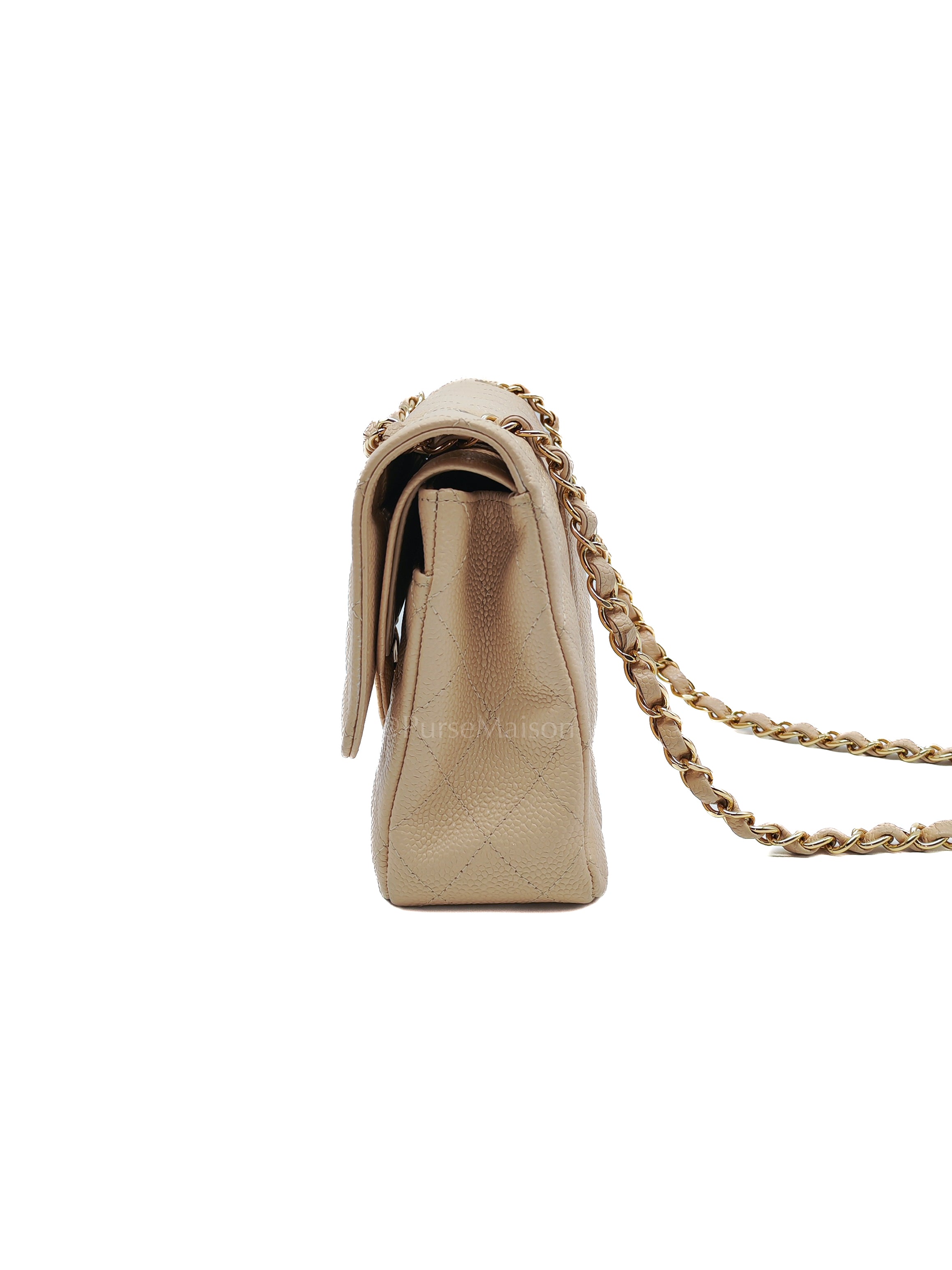 Classic Double Flap Medium in Beige Clair Caviar Leather and Gold Hardware Series 18 | Purse Maison Luxury Bags Shop