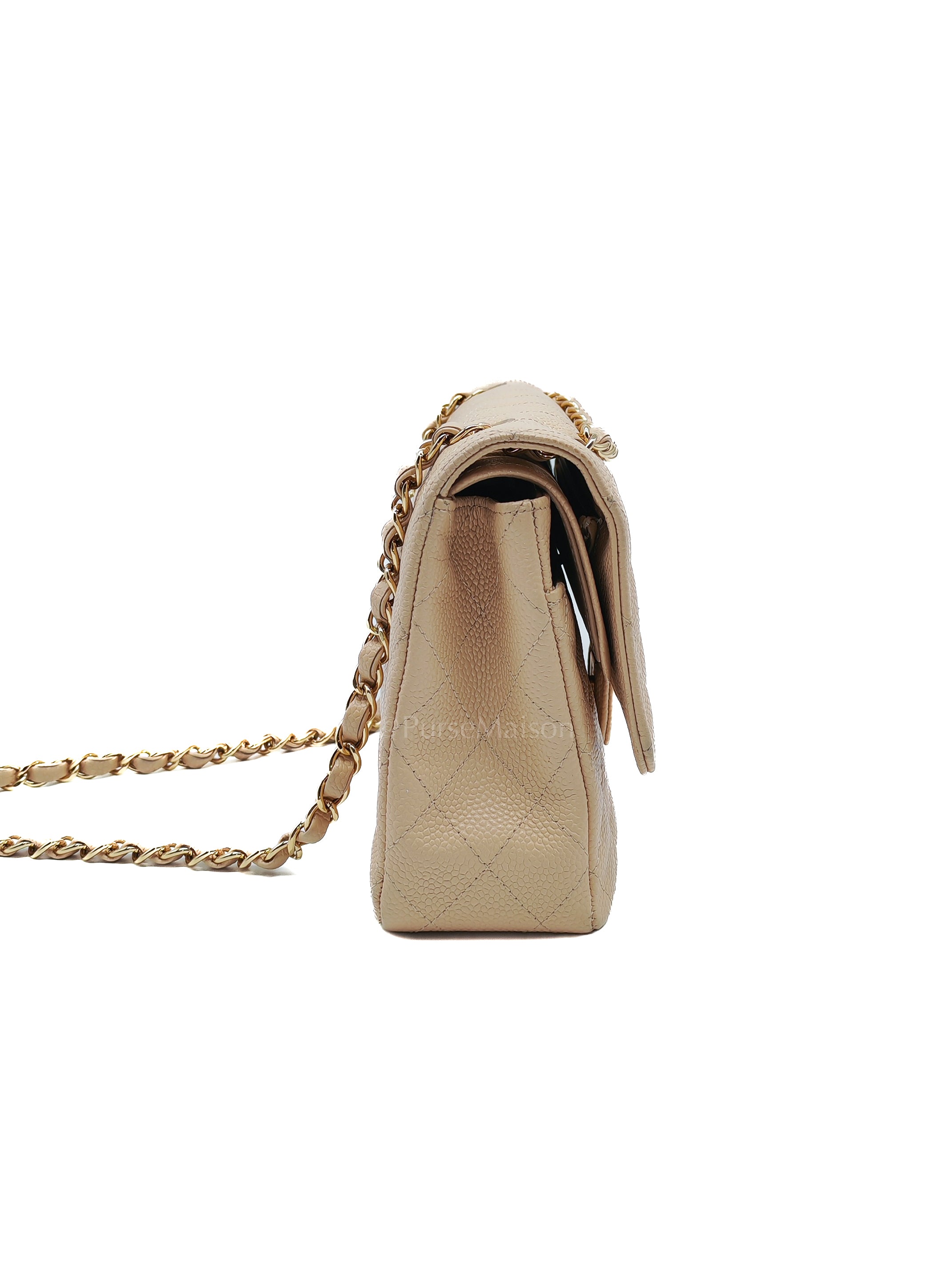 Classic Double Flap Medium in Beige Clair Caviar Leather and Gold Hardware Series 18 | Purse Maison Luxury Bags Shop